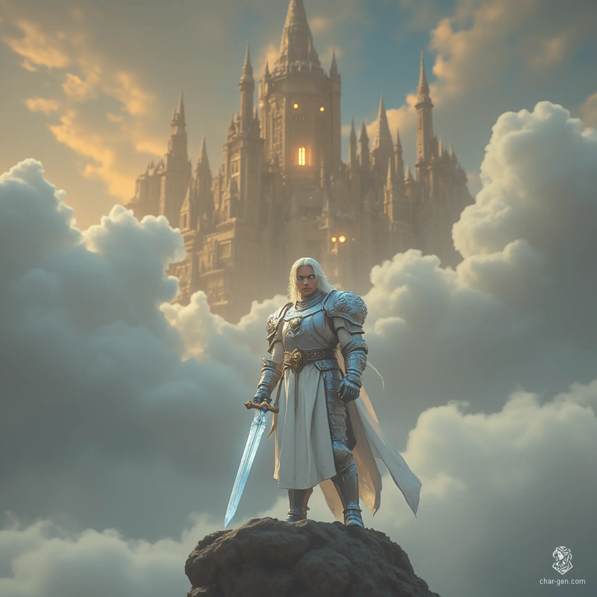 Puriel is a formidable aasimar battlemaster, radiating an ethereal glow. With striking, unusual eyes and white-blond cornrows, he stands proudly in intricately detailed chain mail. Gripping a mighty greataxe, he embodies strength and confidence, a warrior of divine heritage ready for any battle.