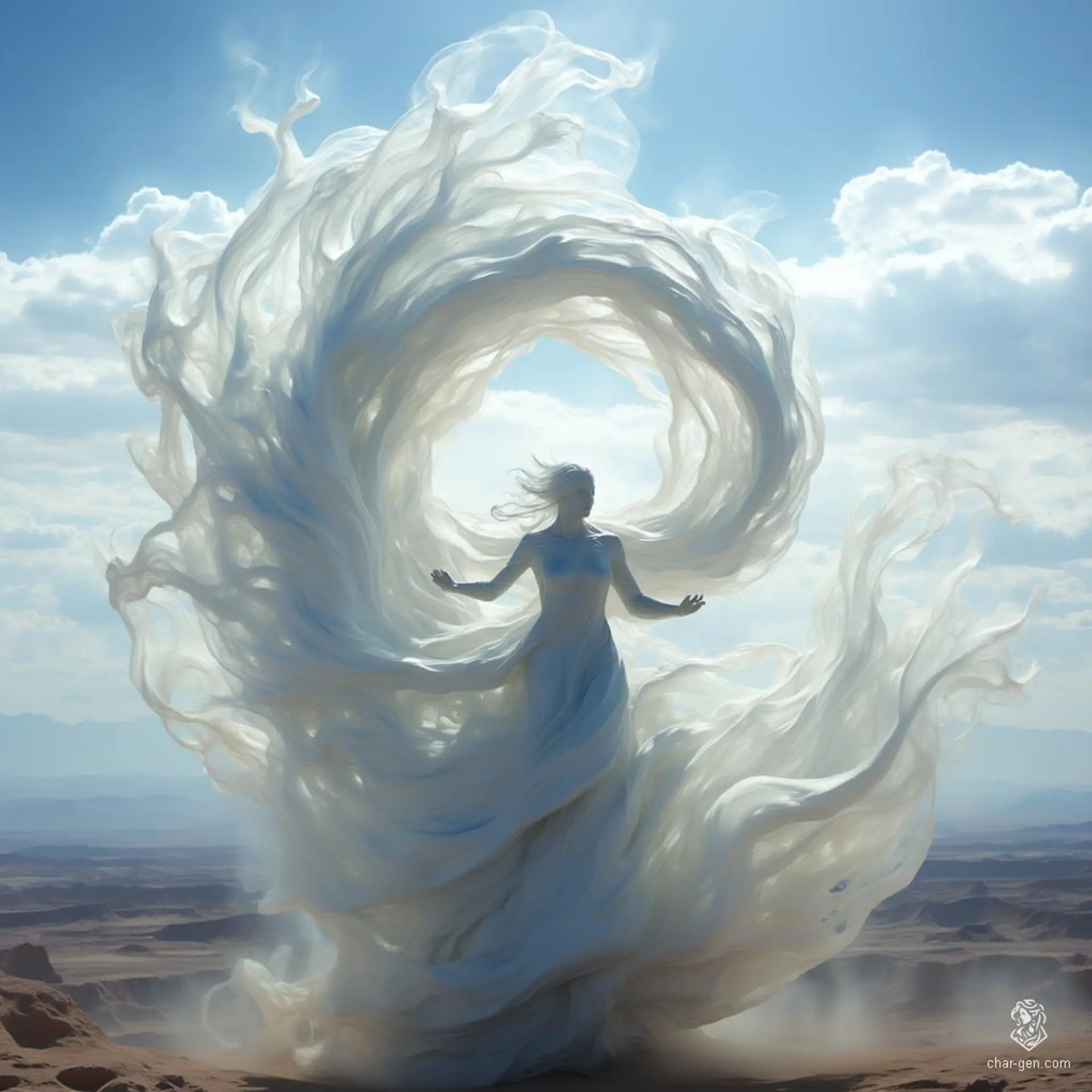 The Air Elemental is a swirling vortex of wind, resembling a funneling cloud with a faint, ethereal visage. It embodies the raw power of the skies, harnessing chaos and agility to challenge adventurers with its unpredictable gusts and fierce, swirling currents.