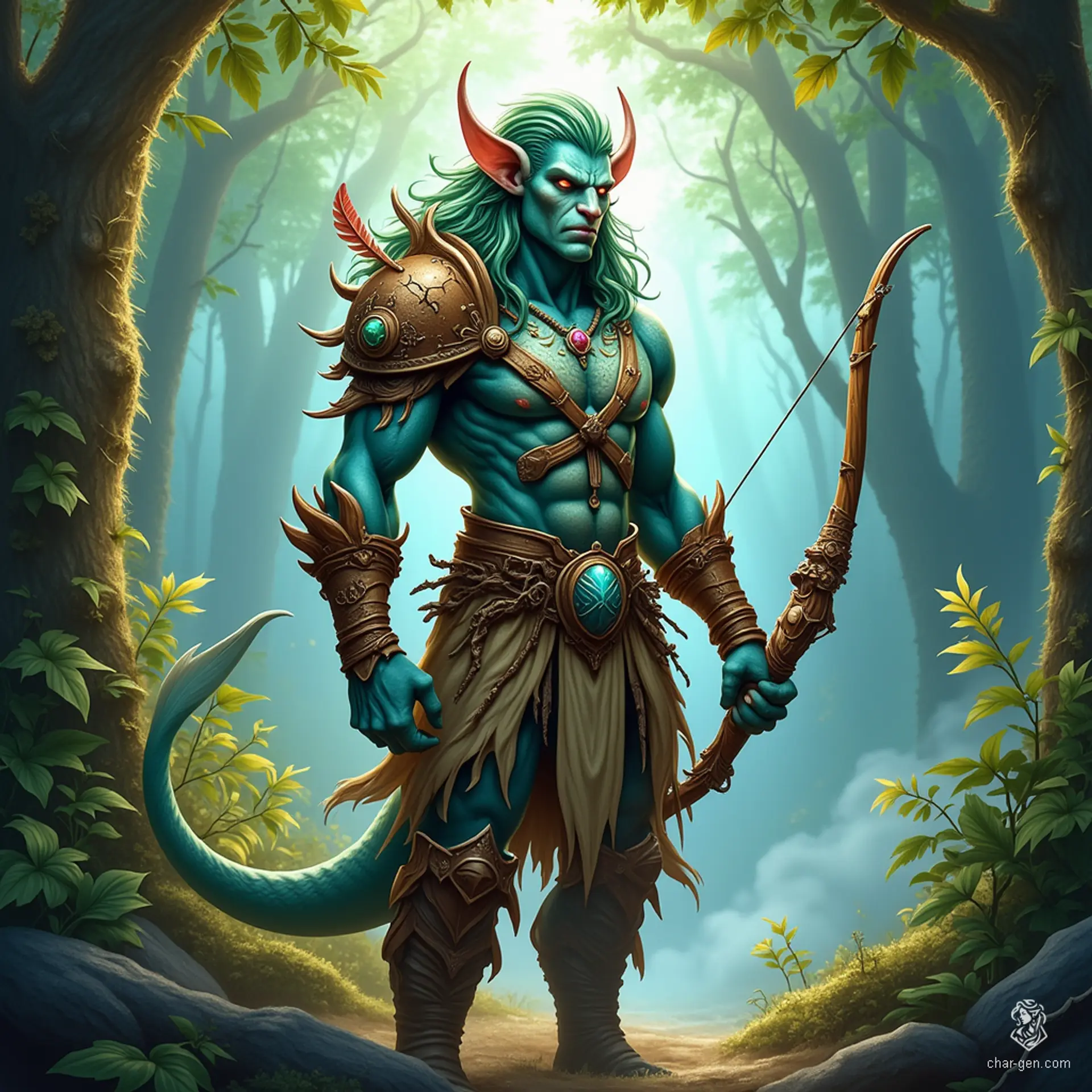 A mysterious Triton forest wanderer, he possesses aqua skin accentuated with sandy beige hues and tangled kelp-green hair entwined with leaves and shells. Clad in sea-forged leather armor, he wields a driftwood bow, his sharp eyes reflecting the wisdom of both land and sea.