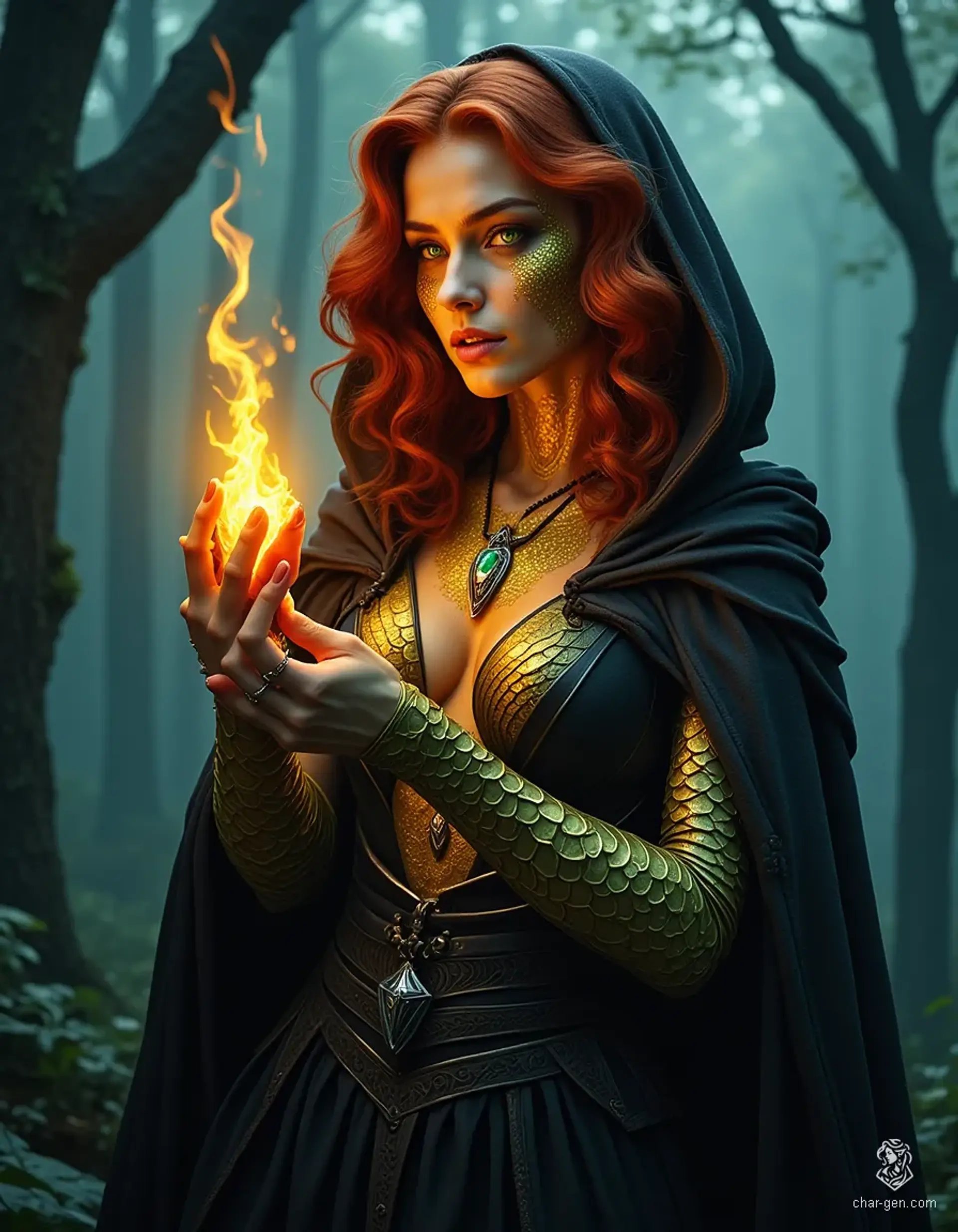 A stunning young sorceress, with fiery red curls framing her face and piercing emerald eyes, embodies draconic power. Her scales shimmer beneath a tight black robe as she conjures magical flames, radiating confidence and raw arcane energy. A silver elven pendant rests at her neck, hinting at her heritage.