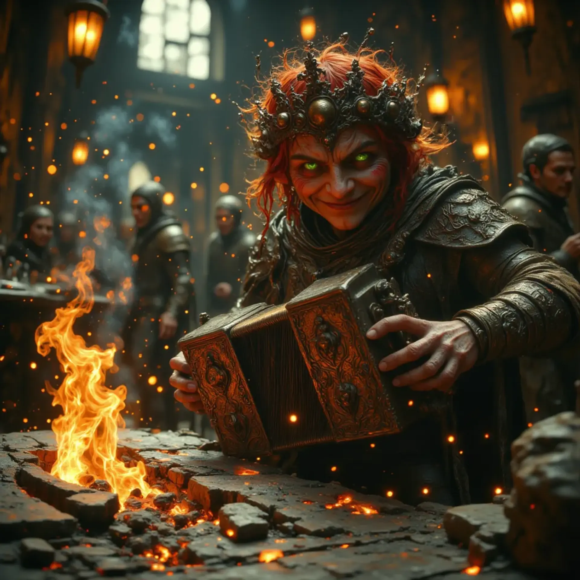Meet Fennwick, a mischievous halfling bard whose auburn curls and freckled face radiate charm and playfulness. Balancing a vibrant accordion adorned with gold thread and jingling bells, he captivates a lively tavern, lit by warm firelight and the joyous laughter of patrons around him.