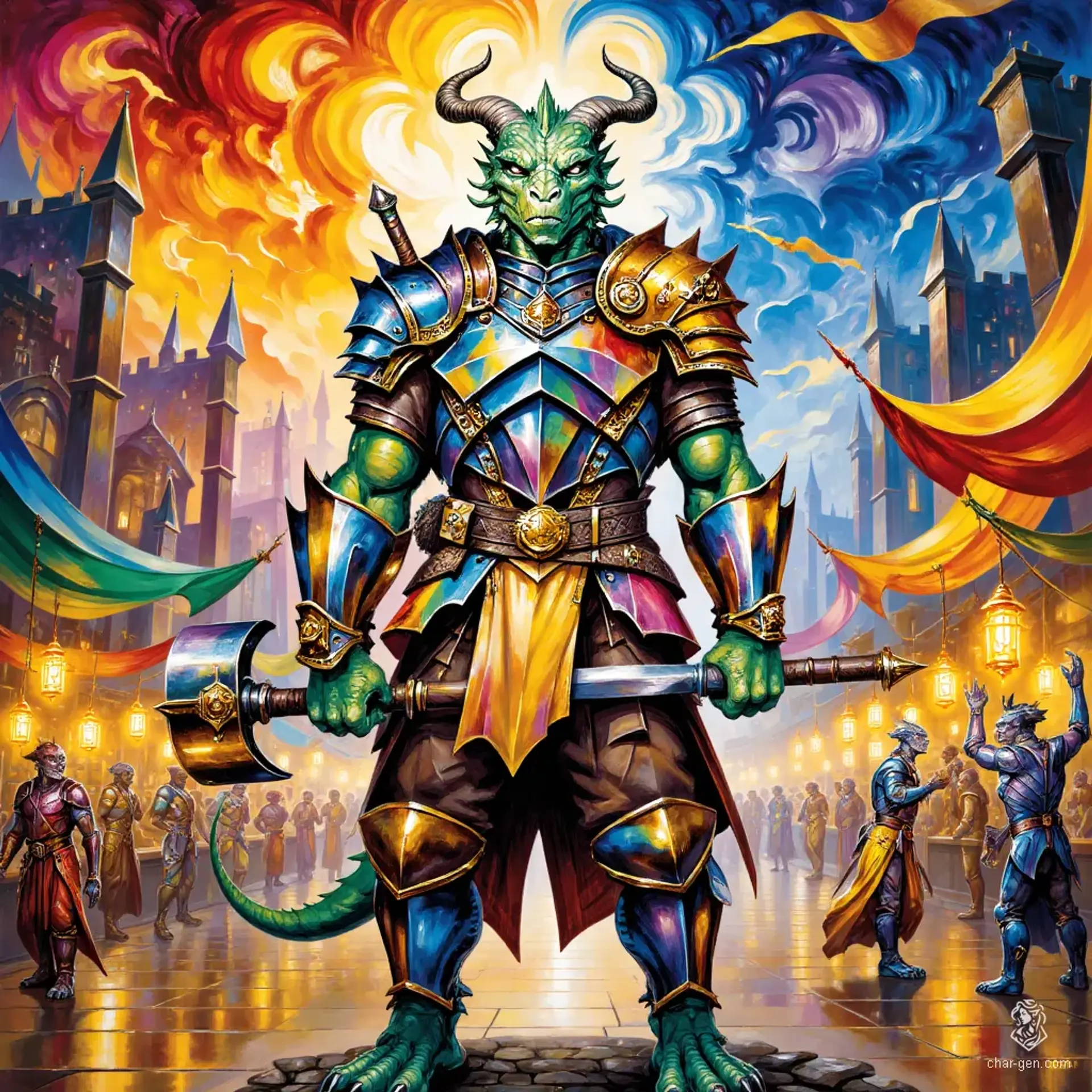 An ancient Dragonborn Paladin, this haggard yet dignified figure stands resolutely at the Pelor festival. His mottled scales glisten in the sun, accentuating his aged wrinkles and pronounced snout. Clutching a massive hammer, he radiates a protective aura, a guardian of forgotten wisdom and strength.