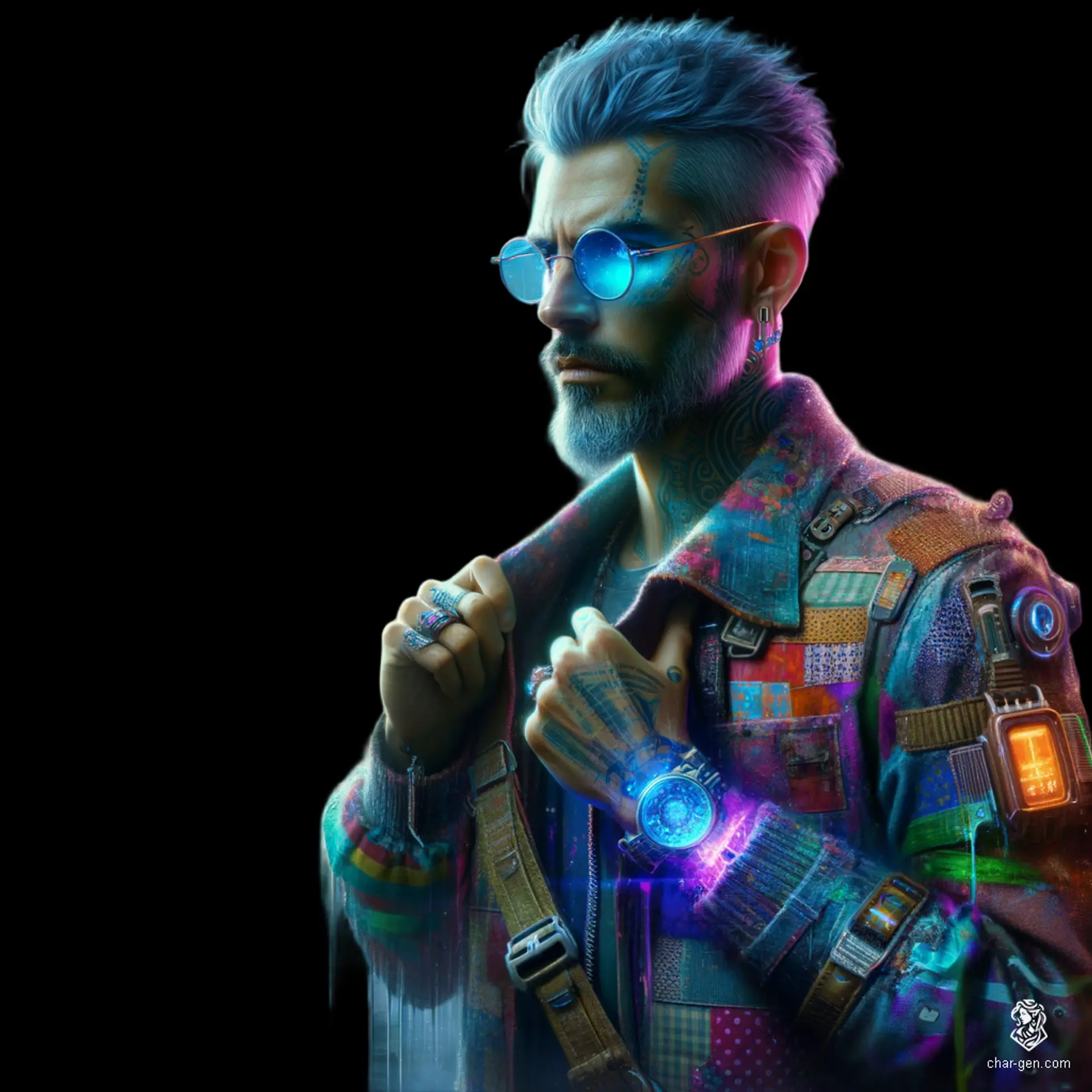 A tan-skinned male artificer, with long greying hair accented by blue strokes, wears a stylish jacket adorned with chaotic floral patches. His intellectual gaze behind light blue oval glasses hints at wisdom. As a magical courier, he weaves through realms with intricate gadgets, a tome, and a satchel of enchanted messages.