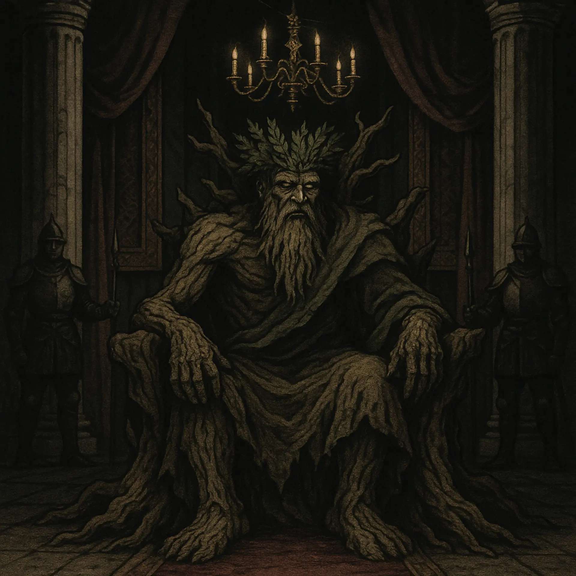 The ancient Wood Woad king, an elderly arboreal humanoid with bark-like skin and tree-trunk limbs, sits merged with his wooden throne. Crowned with leaves, his wrinkled, worn face bears the weight of centuries, embodying the timeless spirit of the forest.