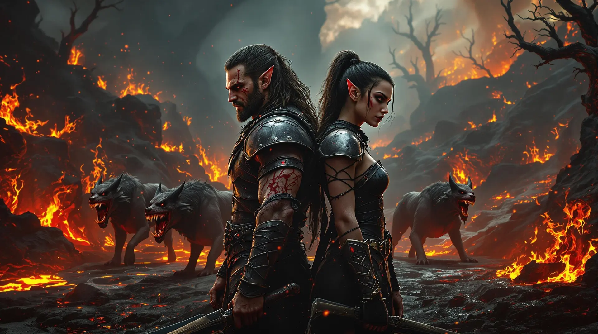 In a stunning, high-definition scene, two middle-aged Elven warriors stand back to back, weapons drawn against a swarm of demon hounds. The brother, axe in hand, and sister, sword ready, wear battered black leather armor with iron pauldrons, their bloodied faces reflecting fierce determination in the dynamic, cinematic light.
