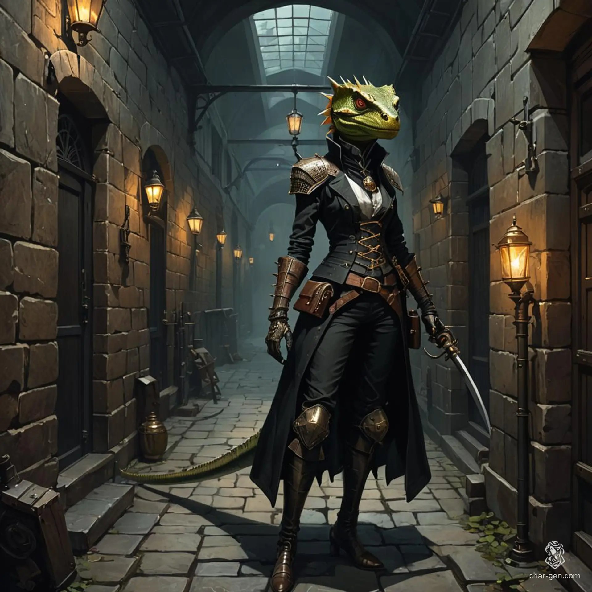 A stealthy and dangerous female assassin, this reptilian humanoid with a lizard head, scales, and a forked tongue lurks in the shadows. Clad in dark clothing, she conceals deadly daggers and strikes swiftly and silently.
