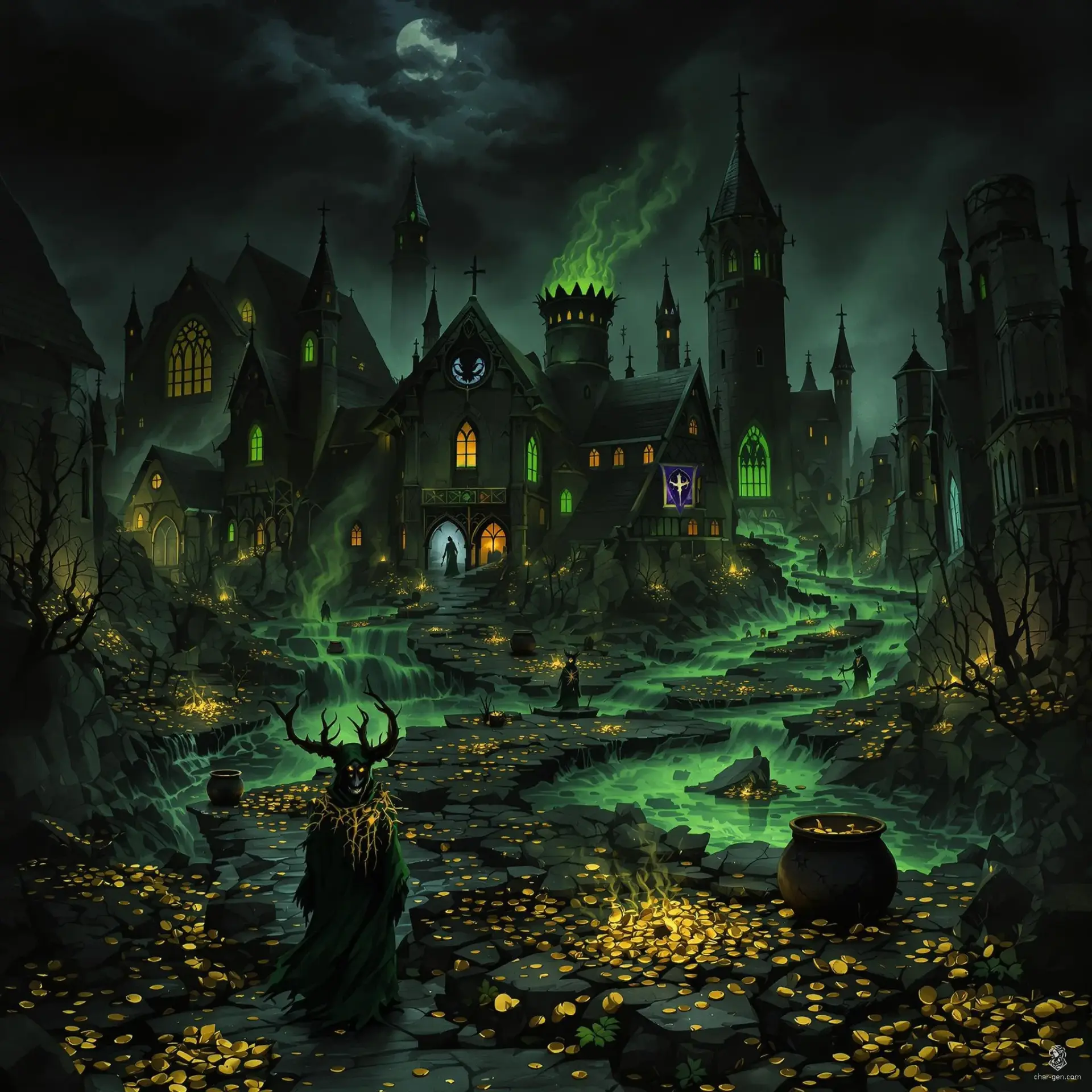 In a fog-enshrouded Irish village, haunting green glows flicker ominously as shadowy figures dance in silence. Twisted thorns grip the ground beneath black rainbows, while malevolent leprechauns grin wickedly amidst shattered pots of cursed gold. An unsettling, gothic atmosphere lingers over this eerie celebration of darkness.