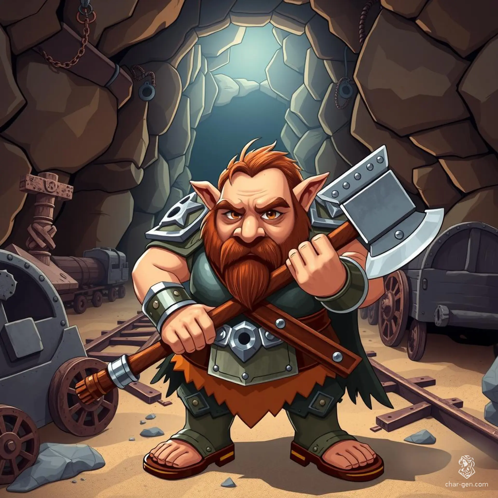 Zorus Silverstone, a rugged, tan-skinned dwarf paladin of conquest, wields a greataxe with a dignified, protective aura. Standing at 5', this strong but not very intelligent, hazel-eyed soldier was driven by war to protect others despite personal struggles and loss.