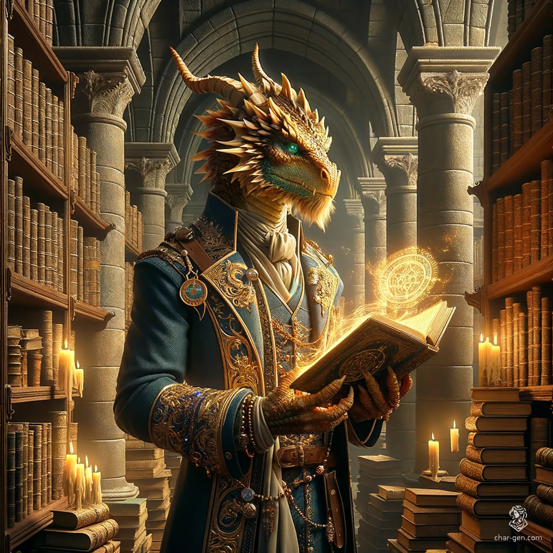 An ancient, gold-scaled male dragonborn with a dragon-like snout, small horns, frilled ears, and a crest. Wearing enchanted garments adorned with arcane sigils, he meticulously catalogs ancient texts among towering bookshelves, wielding a magical tome or staff. His wise eyes, behind glasses, reflect centuries of knowledge.