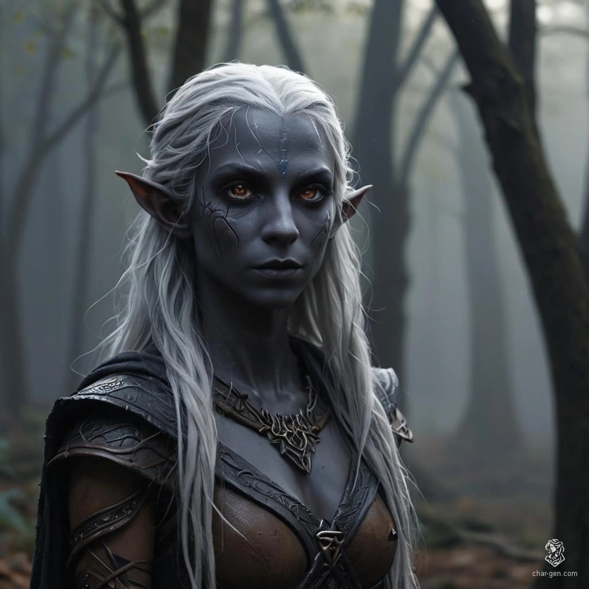 A captivating female dark elf with dark grey skin contrasting sharply against her pure white, long hair. She has purple eyes, a calm expression, and fluid posture, embodying a monk’s serenity. Her toned physique and distinct tan skin texture enhance her striking appearance.