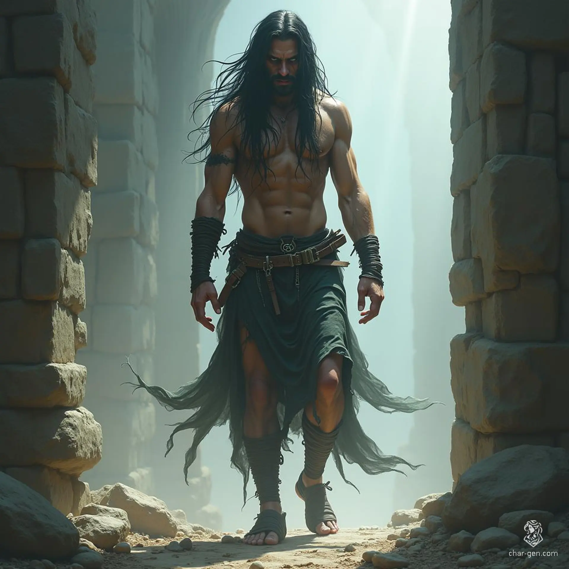 A tall, emaciated prisoner, draped in tattered rags, exudes a fierce determination. His long black hair flows like shadows, framing an angry visage. With leather sandals on his feet, he stands as a timeless figure of resilience, captured in an ethereal, celestial realm of vibrant fantasy art.
