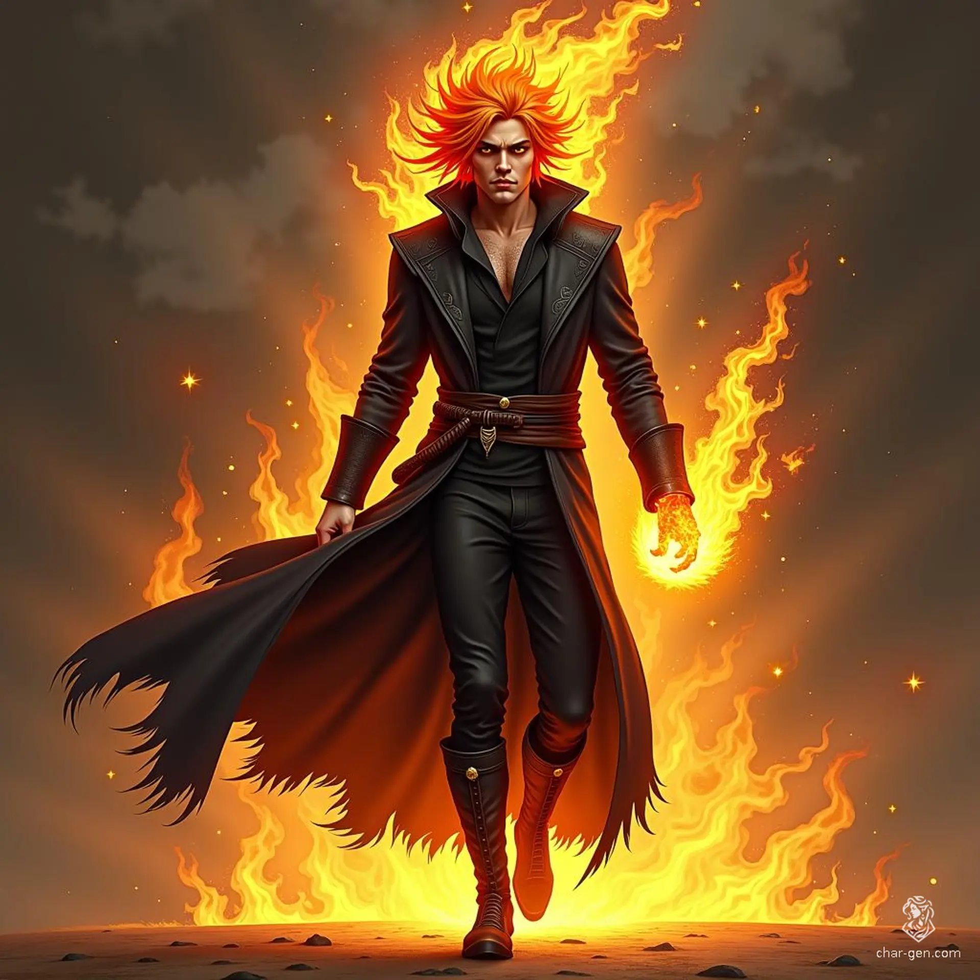 Zarek, the young Fire Genasi Sorcerer, commands flames with every stride. Clad in a flowing black robe, his skin is adorned with shimmering dragon scales, while fiery hair dances with the heat of his magic. Each step ignites the ground beneath him, leaving a trail of burning imprints.