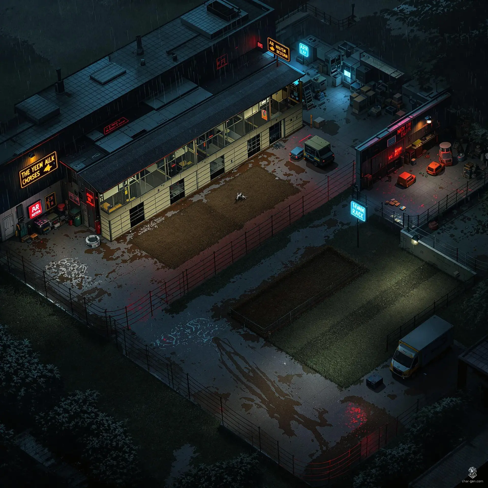 In this dimly lit cyberpunk horse stable complex, neon signs shimmer through the misty rain, illuminating scattered tools and the remains of a recent struggle. A rusted breach in the chain-link fence hints at a potential escape route, while a tranquilizer dart lies hidden in the grass. Nearby, watchful dogs rest in their kennel, and surveillance systems hang precariously, adding tension to stealthy maneuvers. With environmental hazards and hidden clues, this tactical battleground invites both intrigue and danger at every turn.