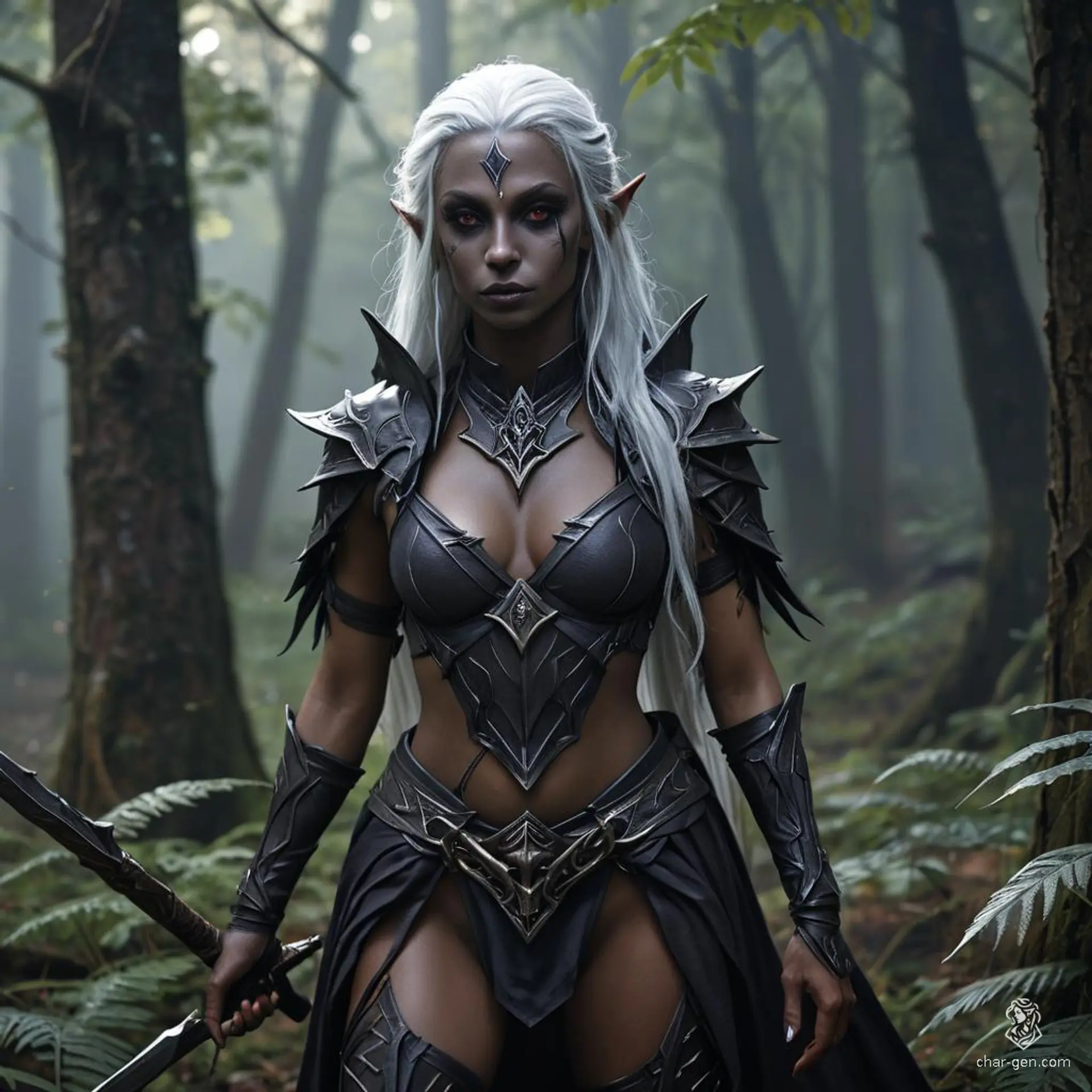 A confident female dark elf fighter with dark grey skin and distinct tan undertones, wields various weapons. She has wavy, long white hair and striking purple eyes. Her poised stance reflects her formidable prowess in combat.