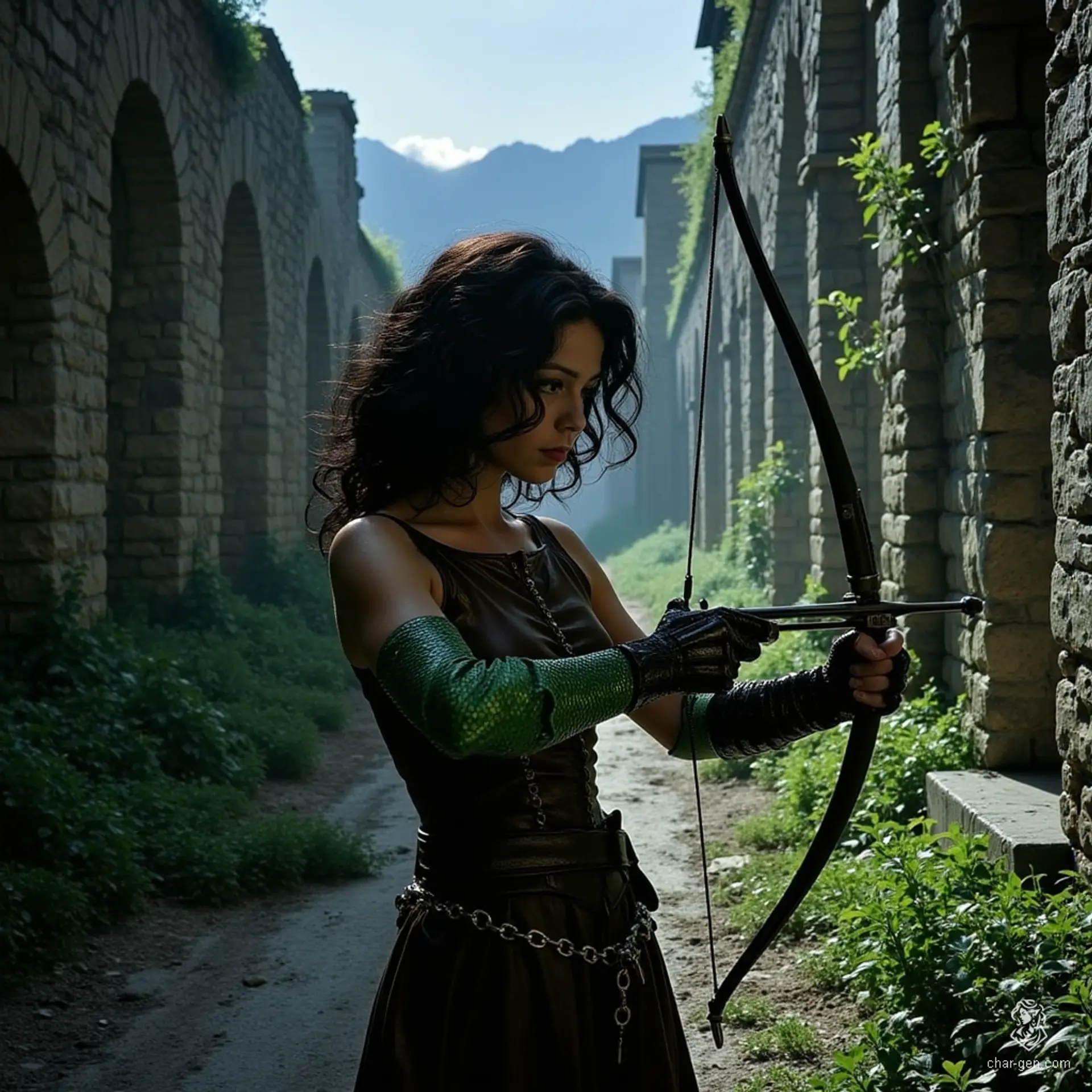 Izzy, a newly emancipated halfling assassin, blends grace and danger. With her medium-toned skin adorned with shimmering green scales, she exemplifies deadly elegance. Armed with a heavy crossbow and vials of poison, her piercing reptilian eyes reflect a thrilling joy beneath a competent facade, poised for the hunt.