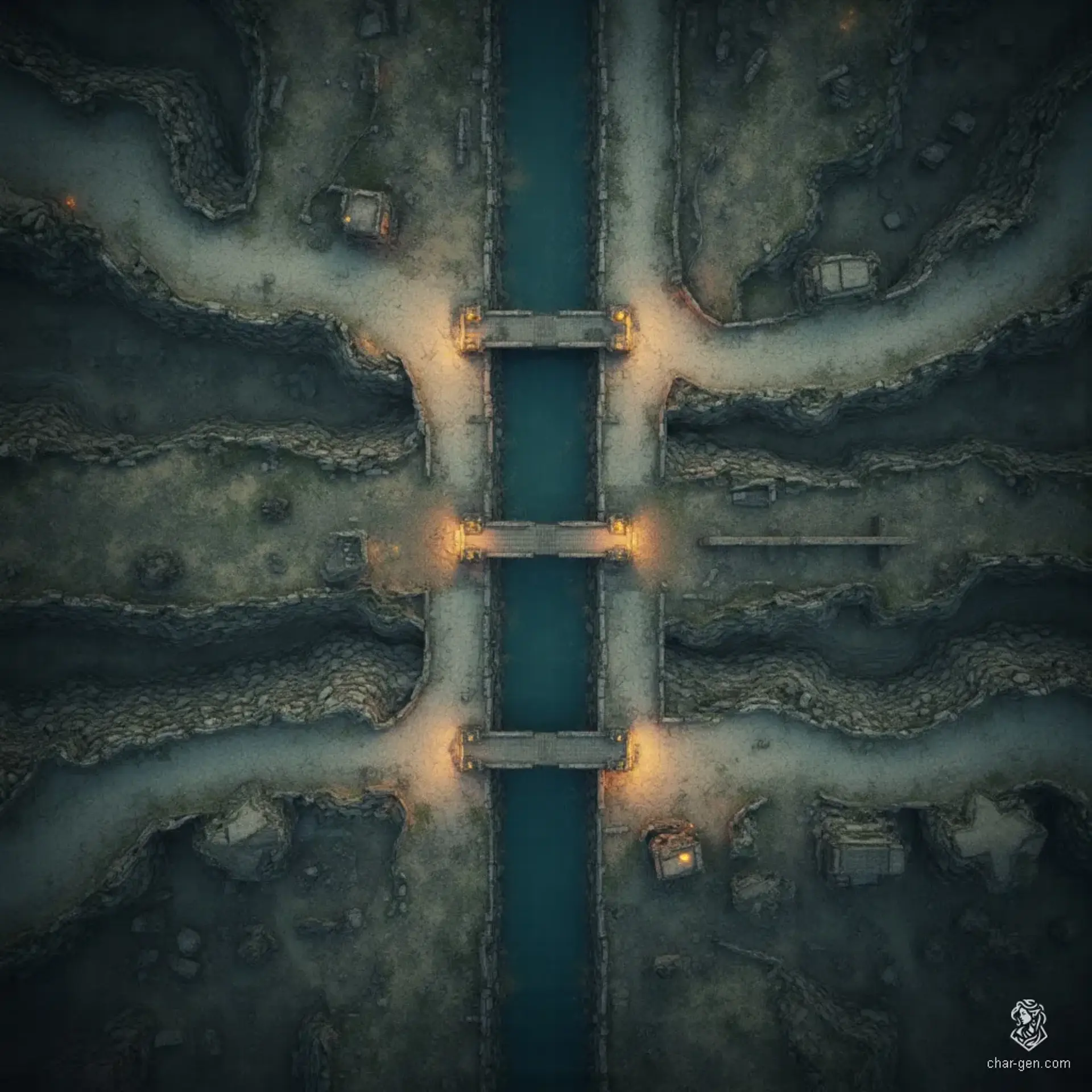 A vast, tense city straddles a winding river that splits two war-torn territories: Human lands to the north and Elven realms to the south. Narrow streets hide lurking assassins and secret passages, while ancient ruins beneath the city whisper of forgotten horrors and deadly traps waiting to ensnare unwary travelers.