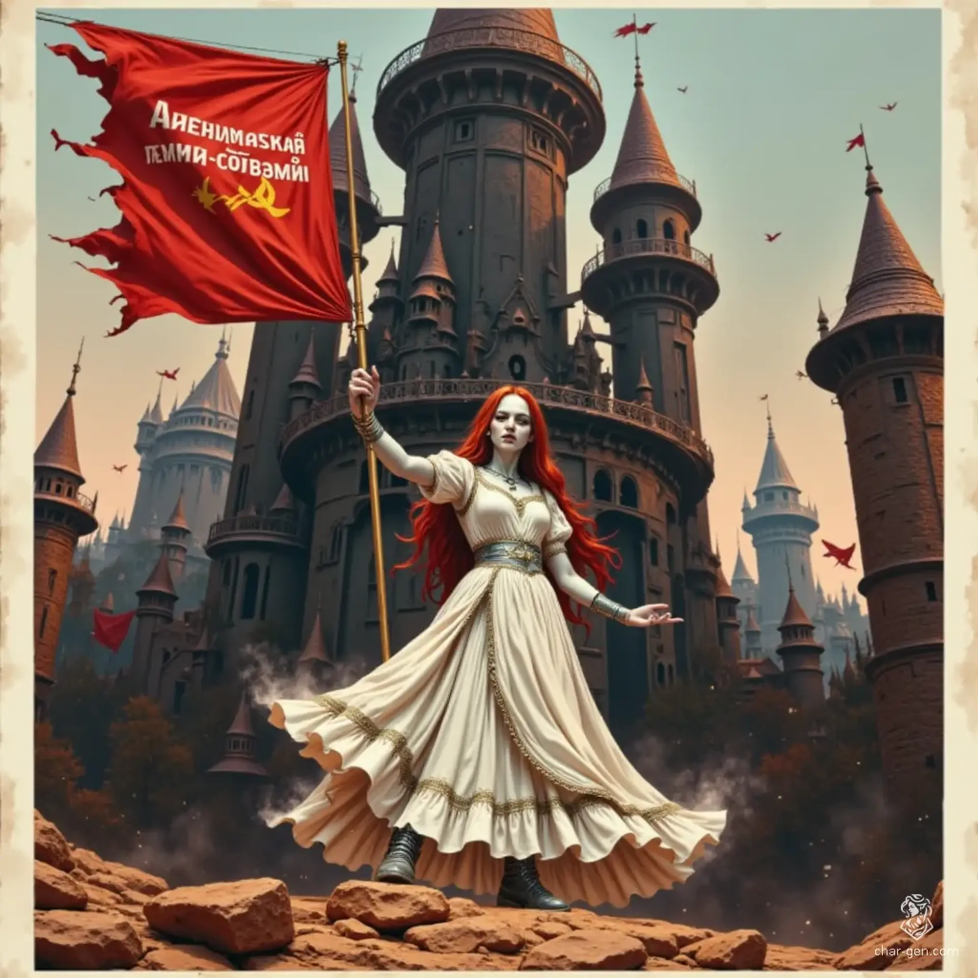 Arahanu Trebor Shibaltin, known as Azuru, is a young drow ranger-bard with grey skin and striking red hair, captured in a 1940s Soviet propaganda poster, energetically waving a bold red flag inscribed with ‘Американская свинья-собака.’ Her powerful stance amidst muted browns and blacks highlights her rebellious spirit and complex heritage.