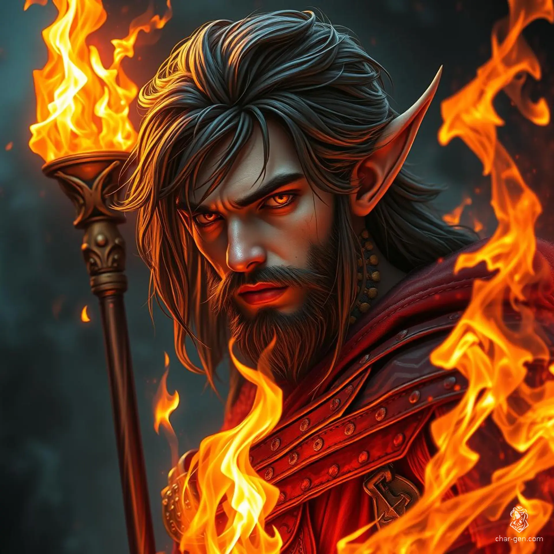 A striking half-elf male fire sorcerer, masterfully crafted in a hyper-detailed 4k portrait. This cinematic artwork blends luminism and steampunk elements with bioluminescent features, showcasing intricate details and bold lines against a dark, gritty backdrop, creating a captivating fantasy character.