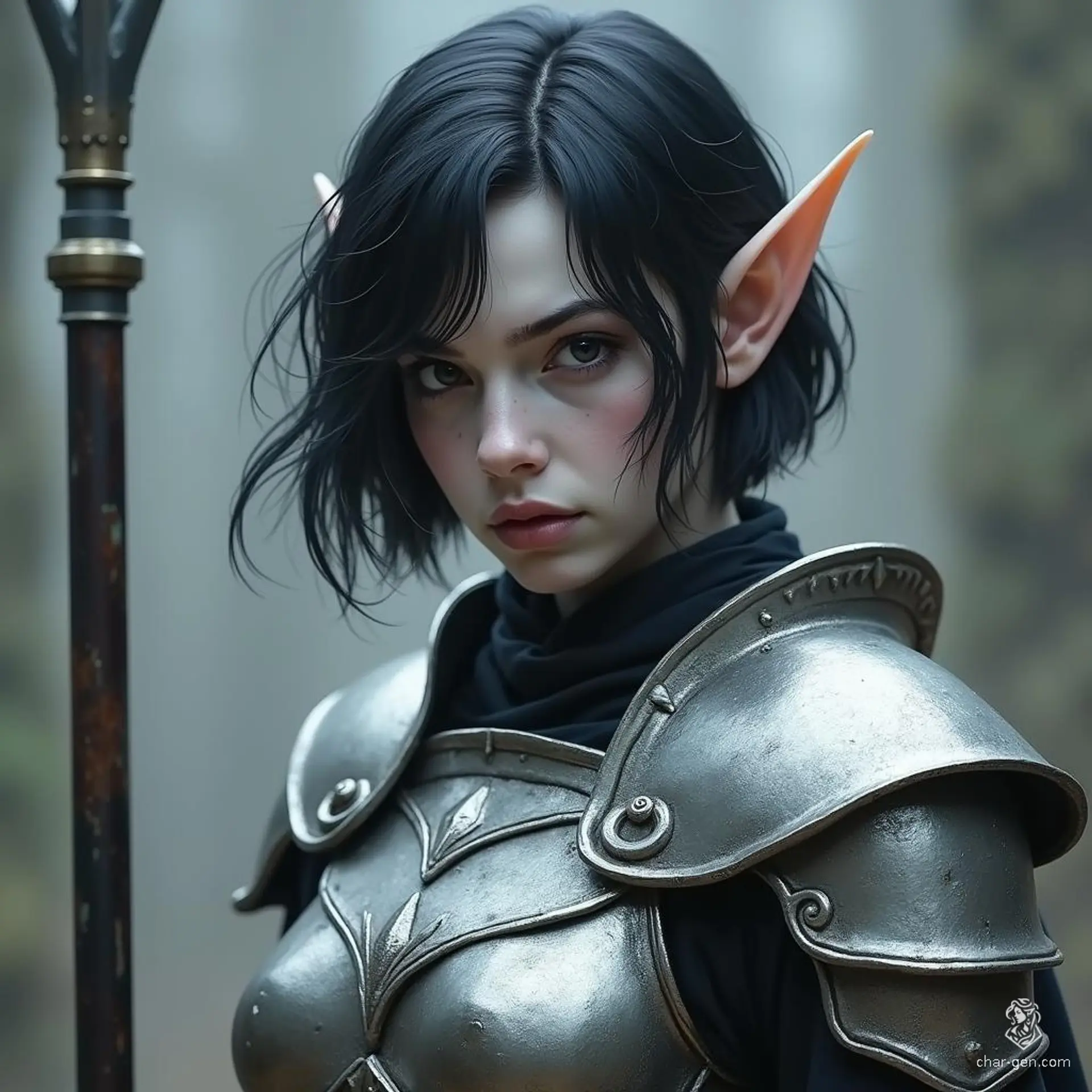 A melancholic shadar-kai elf, she embodies a tragic grace with her short raven hair and pale, milky skin. Clad in gleaming silver plate armor, she wields a spear and shield, her coal-black eyes reflecting deep sorrow from untold burdens.