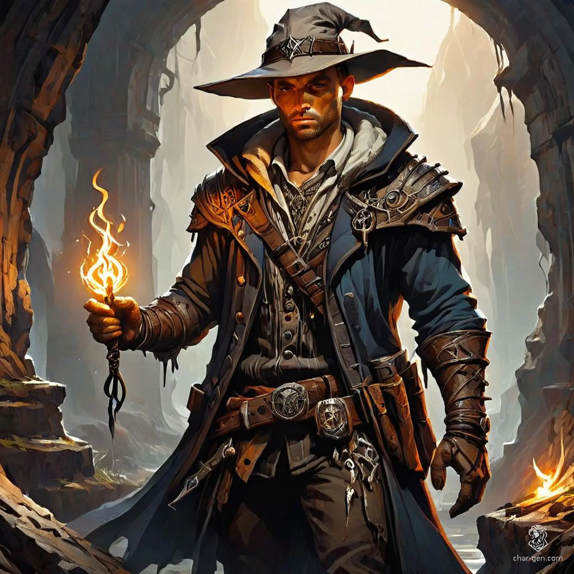 A rugged, light-skinned male witch-hunter stands confidently atop ancient ruins, wielding a magical crystal pistol. Clad in worn clothing and adorned with holy symbols and silver weapons, he relentlessly hunts dark magic users. His warm chocolate brown hair contrasts sharply with his distinct light skin.