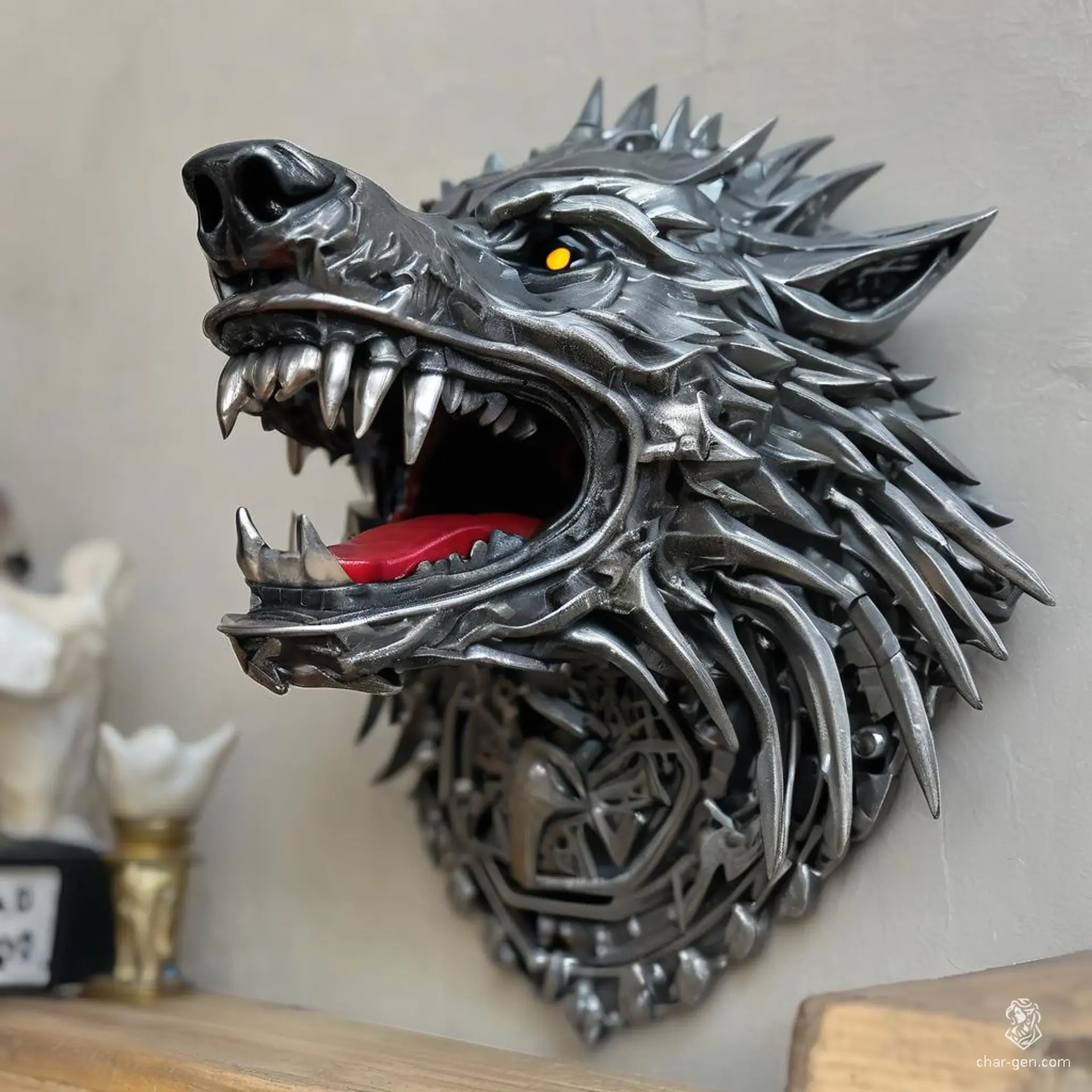 The metallic dire wolf roams the neon-lit streets of a cyberpunk world, its sleek grey body shimmering with an ethereal glow. With razor-sharp metal teeth and glowing eyes, it embodies the perfect blend of nature and technology, a fierce guardian of the city's dark underbelly.