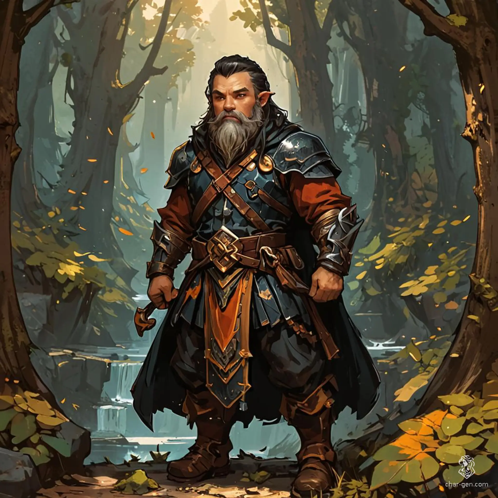 Meet Durin, a confident male dwarf hunter with striking tan skin and jet-black hair. Clad in chainmail and a brown cloak, he expertly wields a bow or spear while tracking elusive prey through dense forests and rugged mountains. His piercing gaze reflects years of skill and determination.