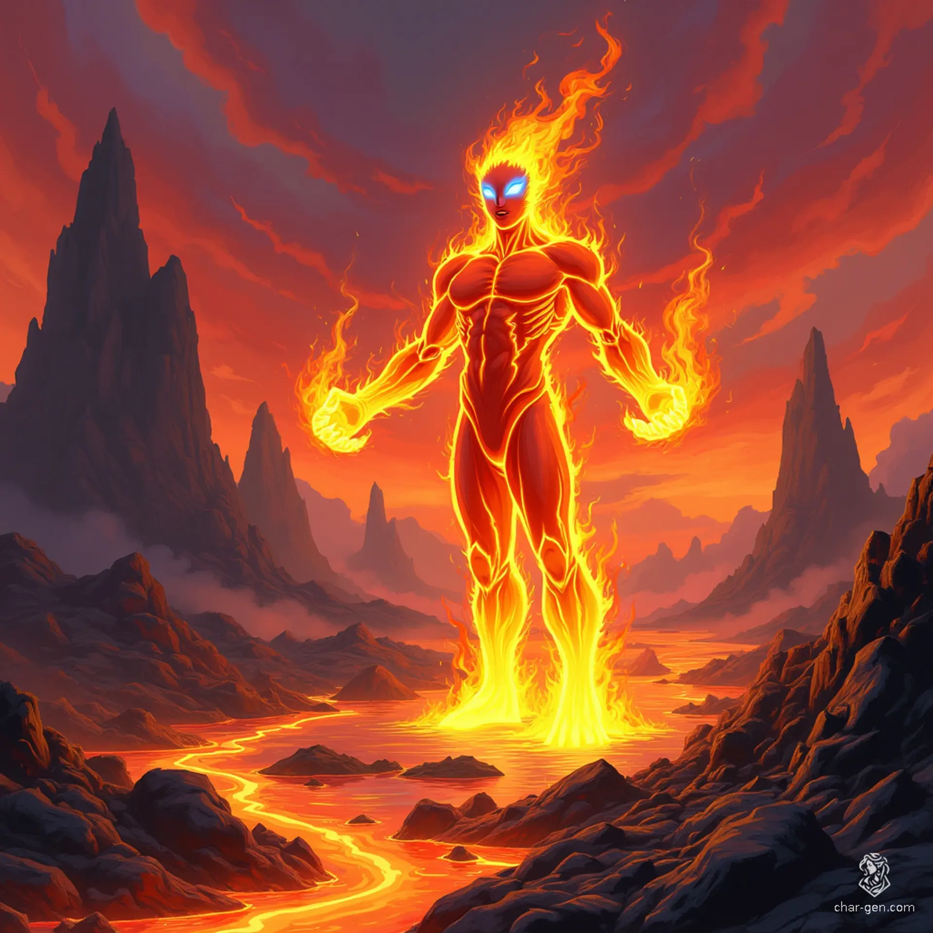 A Fire Elemental, vaguely humanoid and made entirely of flickering flames, has arbitrary arms that appear and disappear at will. It lacks facial features, save for two blue fire patches resembling eyes, adding to its eerie, otherworldly presence.