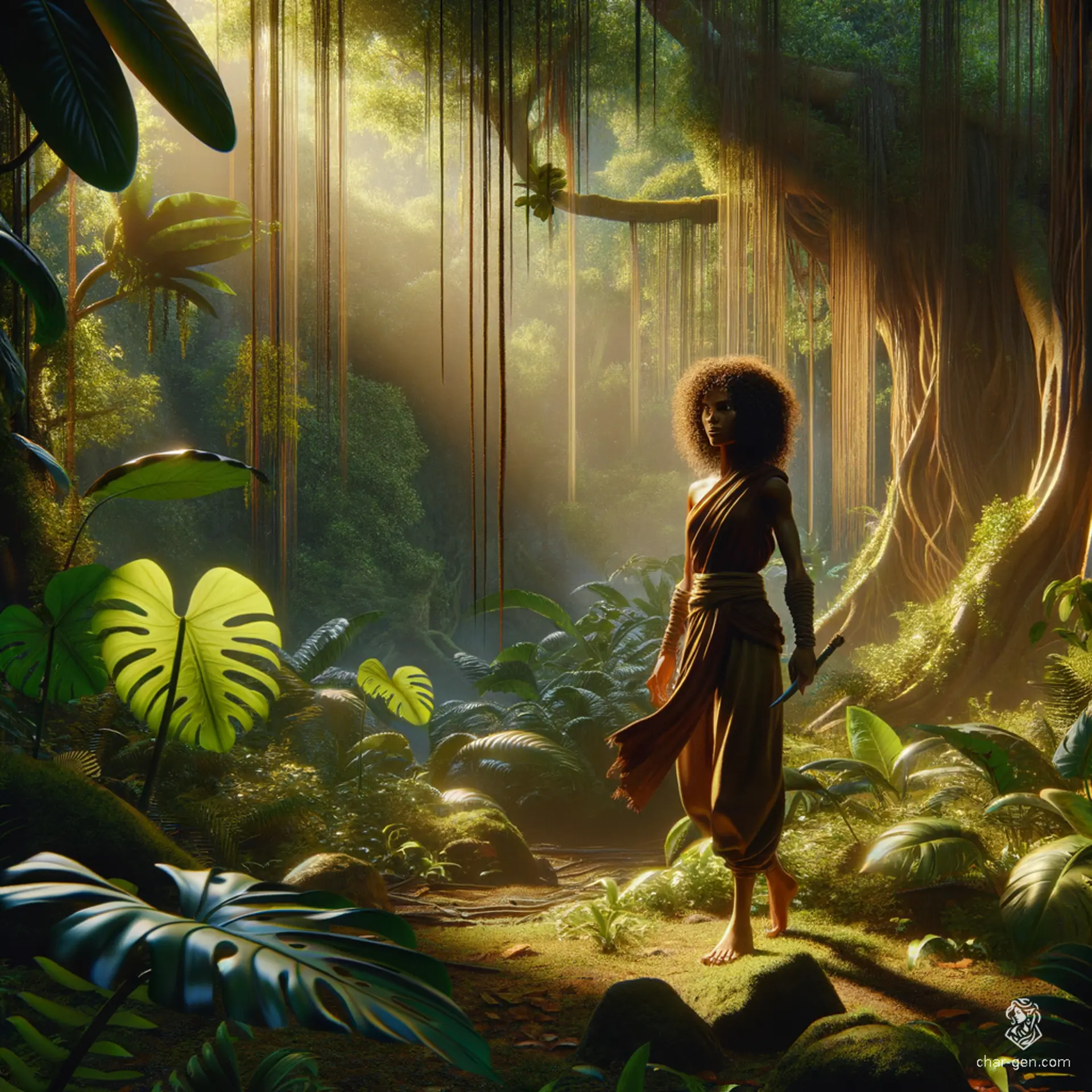 A serene half-elf monk, she embodies grace with her fluid posture and calm demeanor. Her curly hair frames a face marked by distinct tan skin, accentuating her tranquil presence. Clad in a simple loincloth, she moves with the elegance of water, embodying harmony and strength.