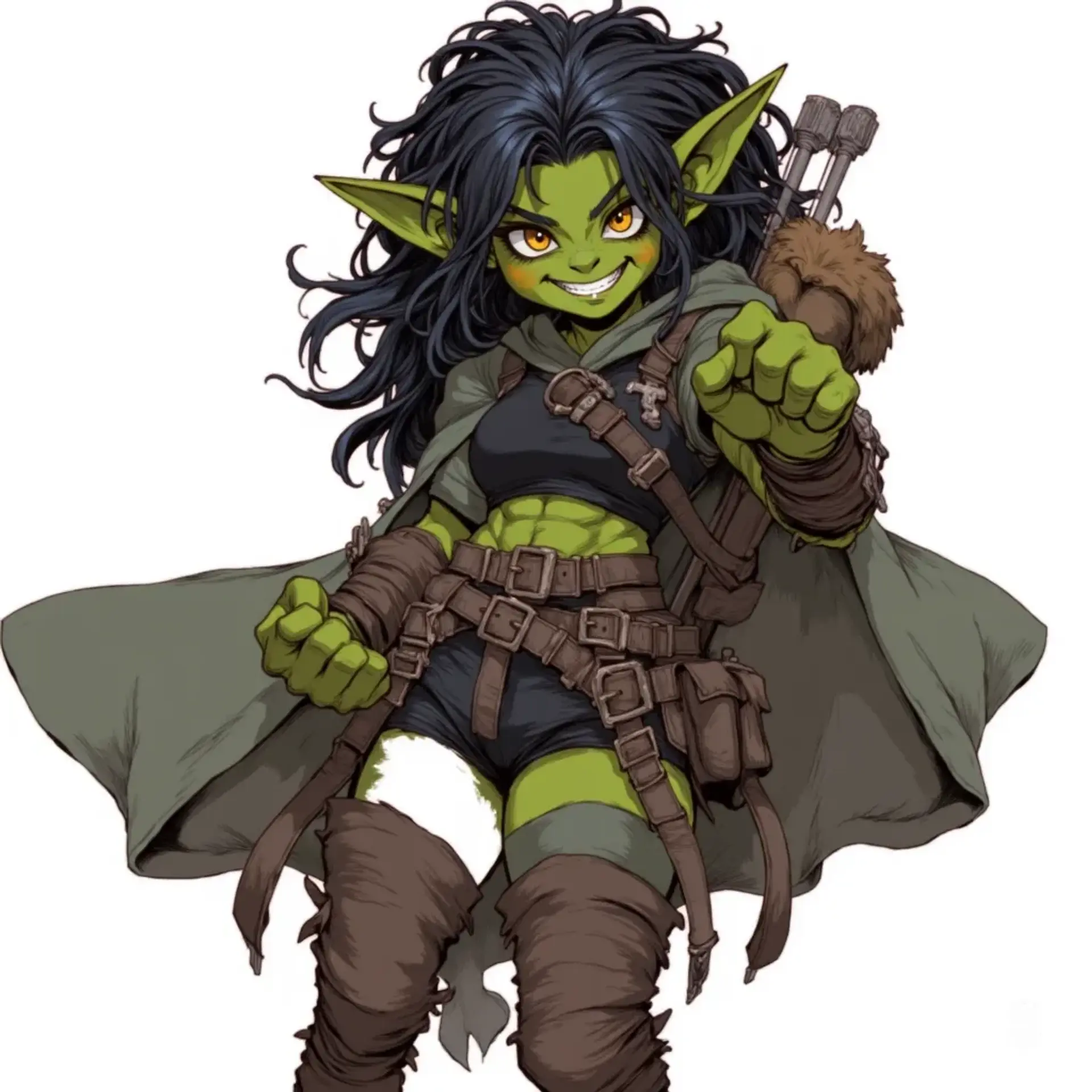 Meet a spirited 14-year-old goblin ranger, standing at 104 cm with vibrant green skin and striking yellow eyes. Abandoned but resilient, she seeks adventure beyond her forest home, wielding a longbow and a confident smile. Despite her rough exterior, her kind heart longs for connection and discovery.