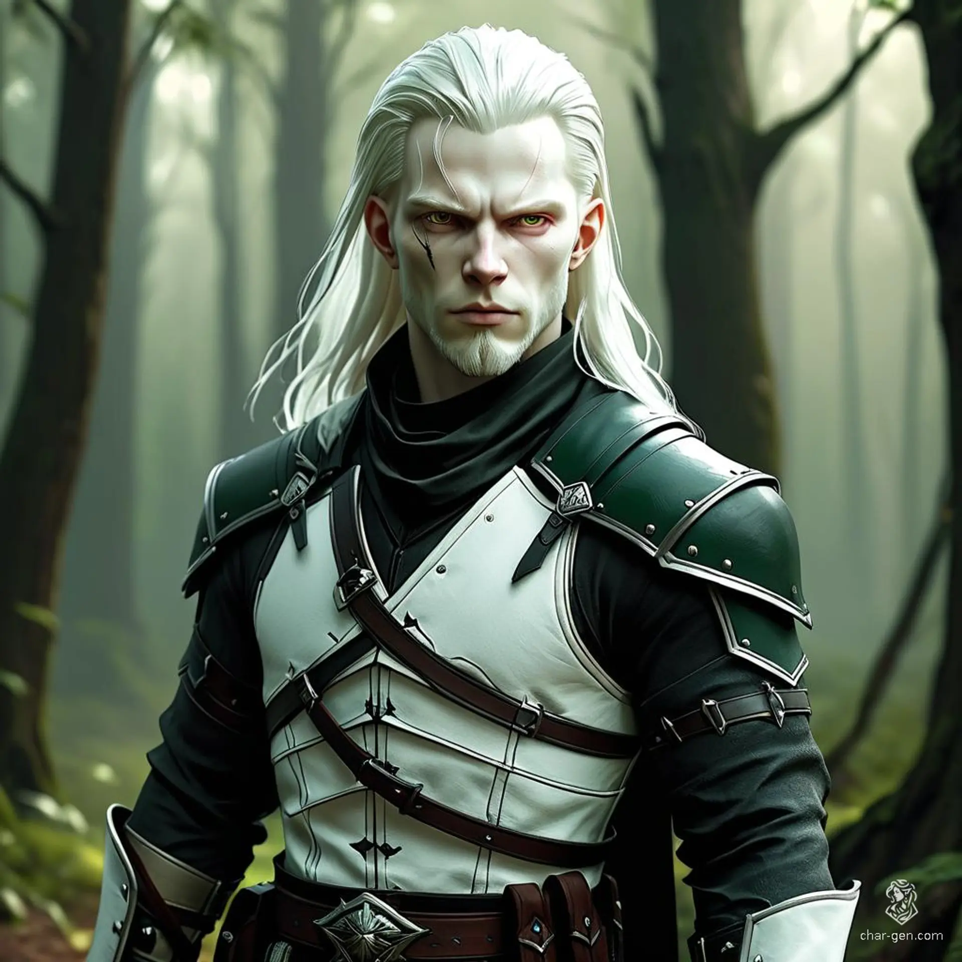 A male human assassin with an air of confidence, robed in dark clothing and sporting various weapons. He has distinct white skin, long albino hair, pale eyes, and a beard. Lurking in the shadows, he is stealthy, dangerous, and clad in green armor.