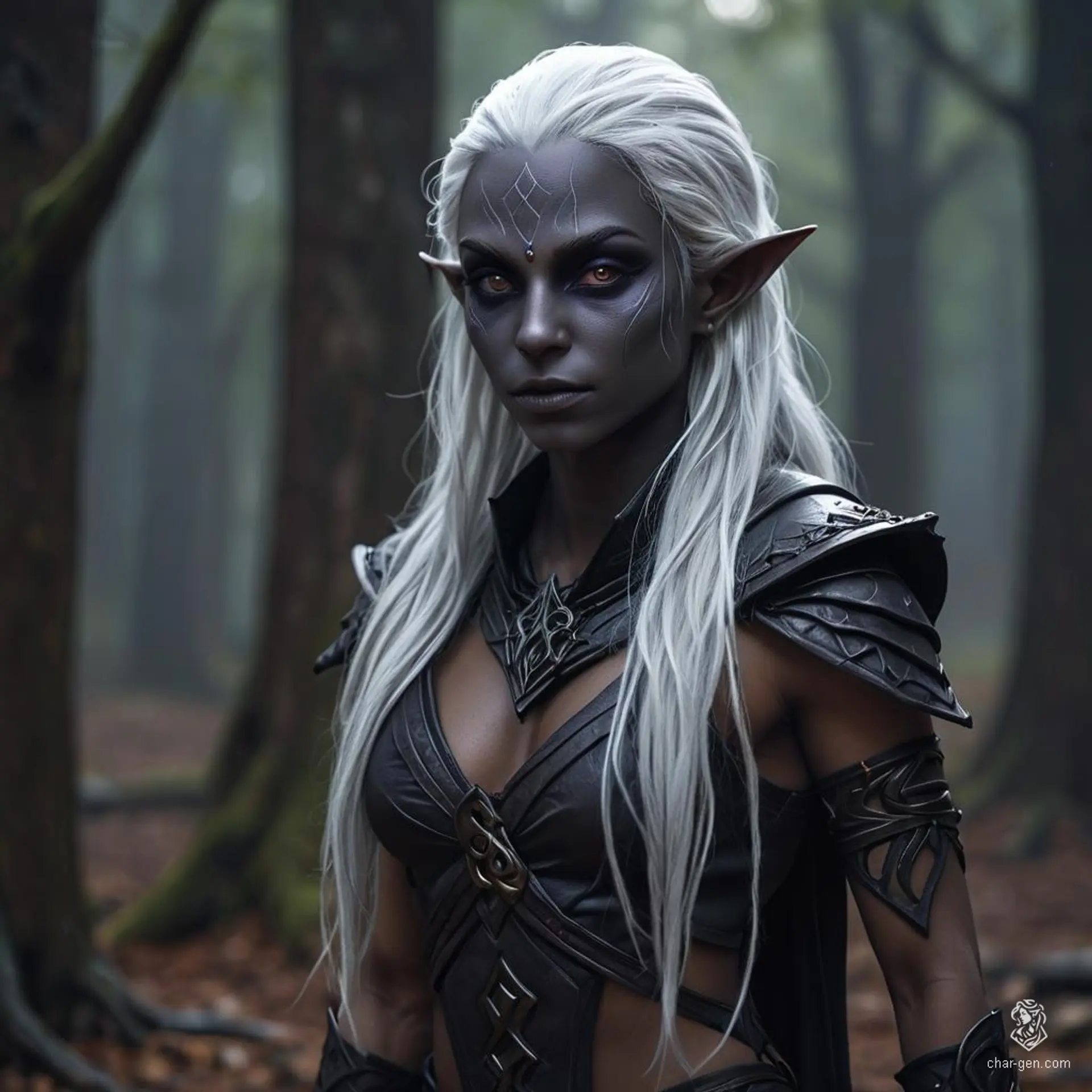 A serene, toned female dark elf monk with distinct tan skin and flowing, bright white hair. Her calm expression and fluid posture exude tranquility. Purple eyes and contrasting white hair enhance her ethereal presence.