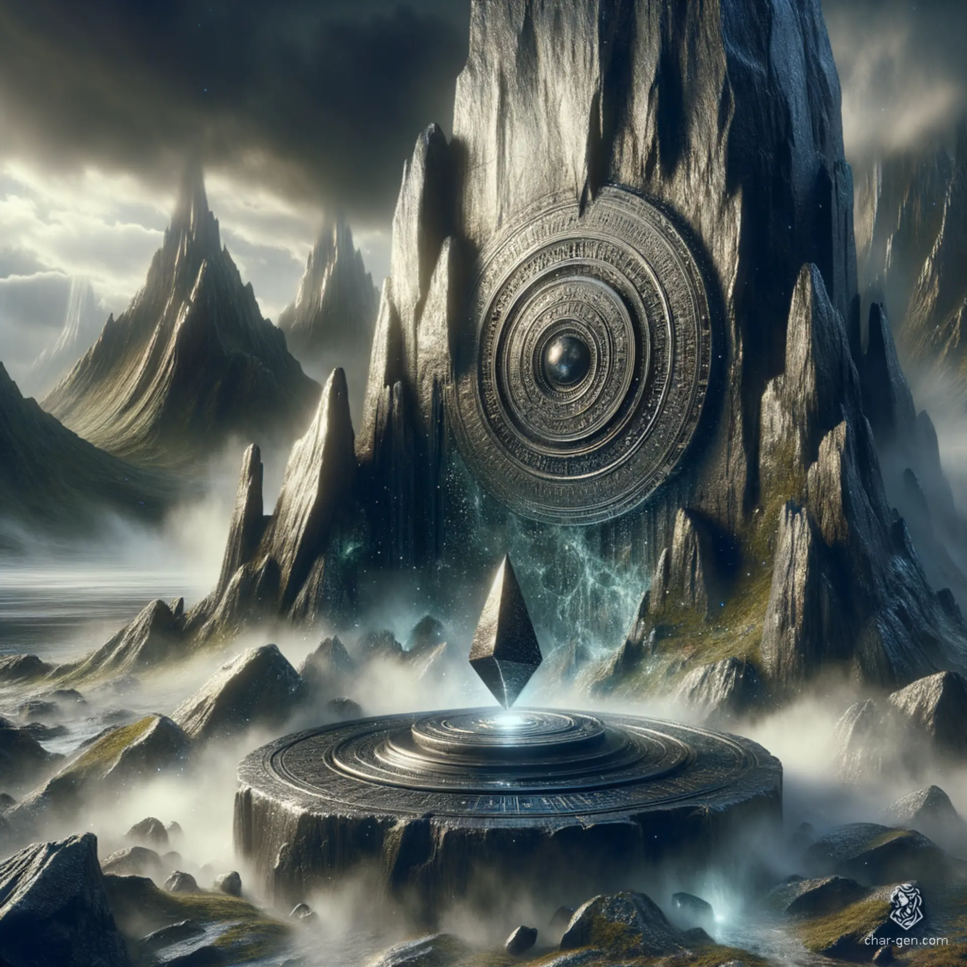 Amidst towering, jagged cliffs that pierce the sky, a colossal rock formation looms, carved by time and magic. At its summit lies a sacred altar, cradling a mysterious obsidian disk that shimmers with ancient runes, emanating an alluring yet eerie glow, surrounded by a misty aura.