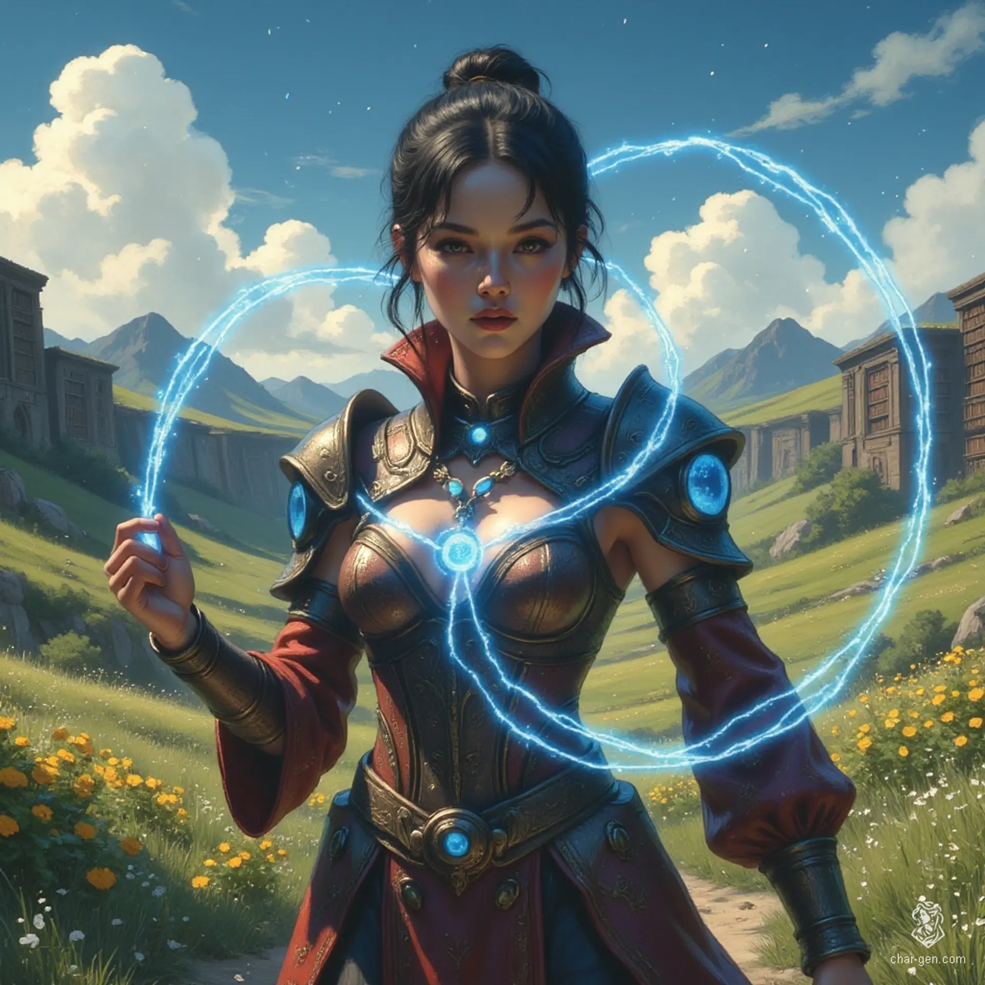 Jouli, a striking middle-aged investigator mage of East Asian descent, stands poised in intricately embossed leather armor. Her pale skin gleams in sunlight as she conjures a glowing blue rune. With a pixie cut and bright, concerned eyes, she balances her roles as a fierce protector and devoted librarian amid ancient tomes.