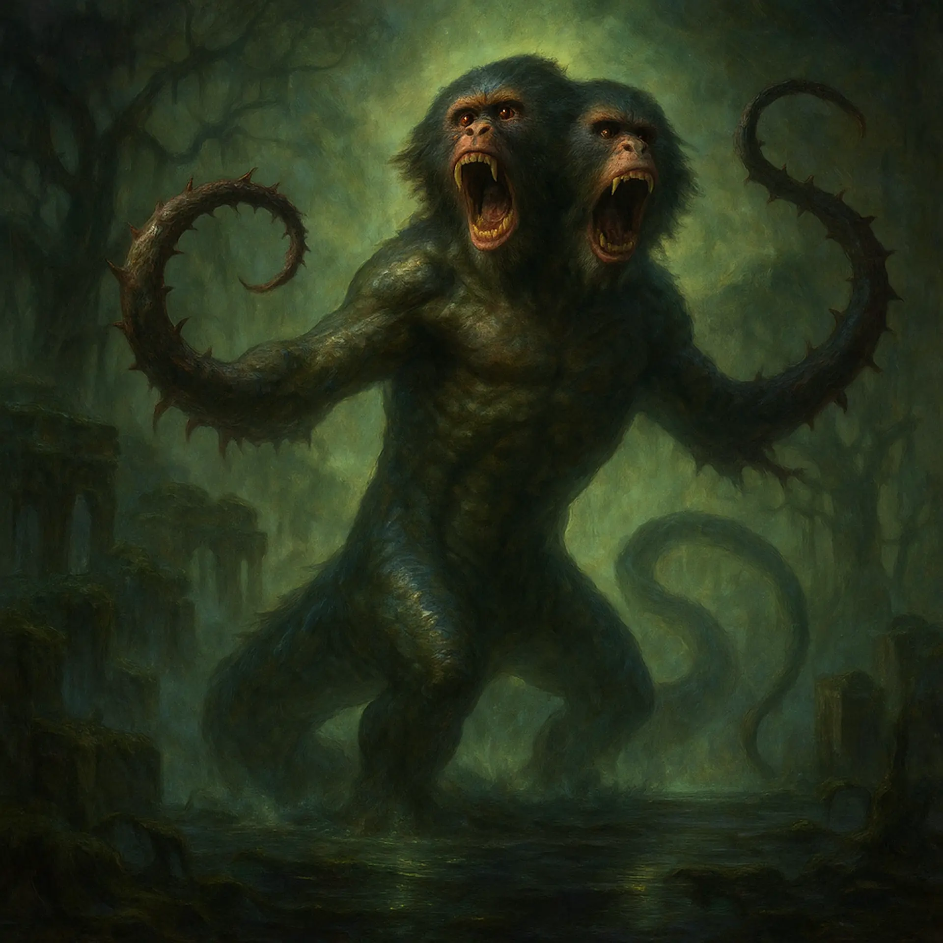 A colossal two-headed baboon-faced reptilian demon, Demogorgon the Prince of Demons rises from the abyssal marsh, thrashing barbed tentacle arms and serpentine tail amid bioluminescent glows and toxic shadows. This cinematic, hyper-realistic fantasy epic pulses with apocalyptic dread and eerie atmosphere.