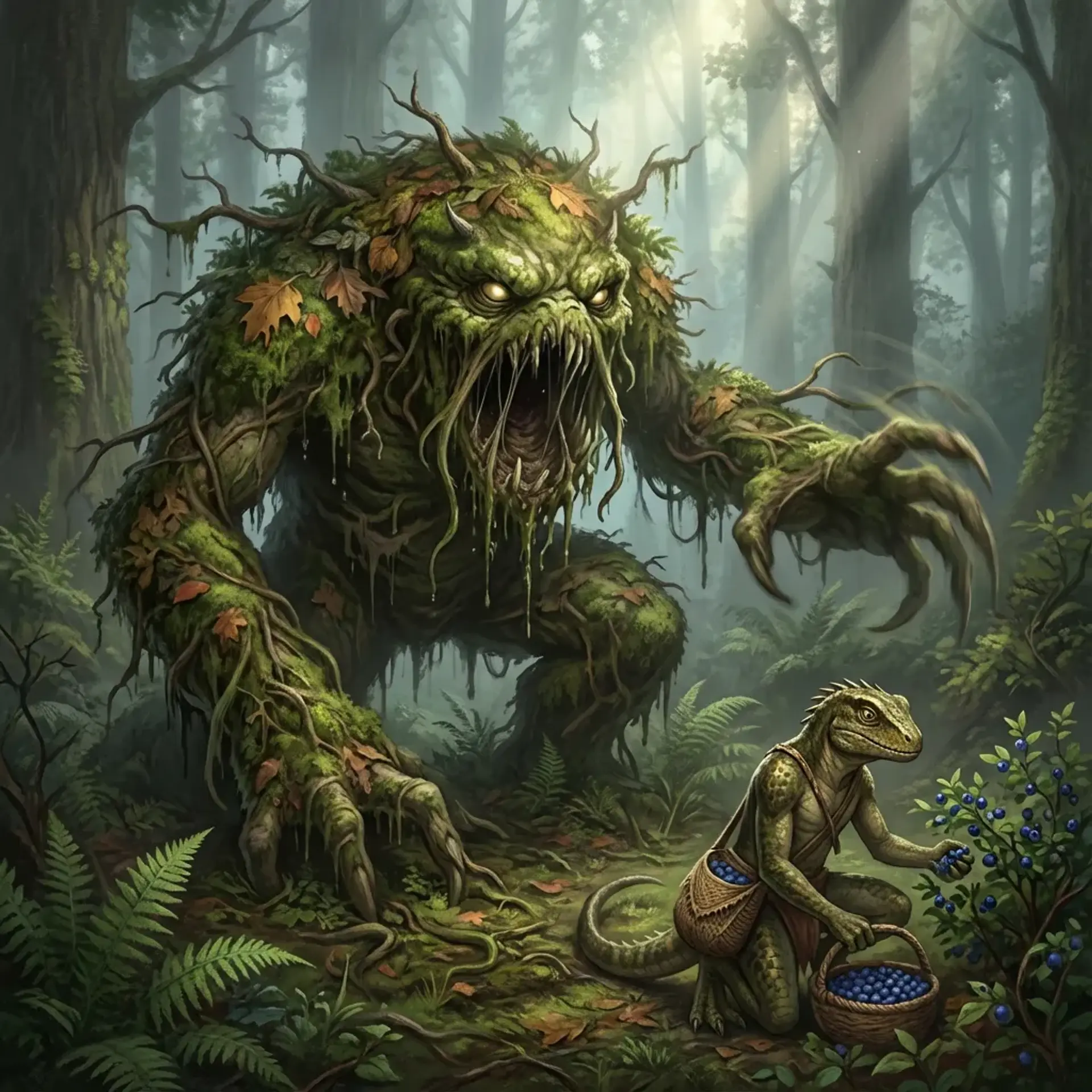 A towering, lurching mound of sodden moss, vines, and rotted bark, stitched with brambles and fungus. Glowing amber sap drips from gaping orifices where roots twist into jagged teeth. Bulbous earth-clods form shifting limbs, exhaling spores that slick its path with cold, wet rot.