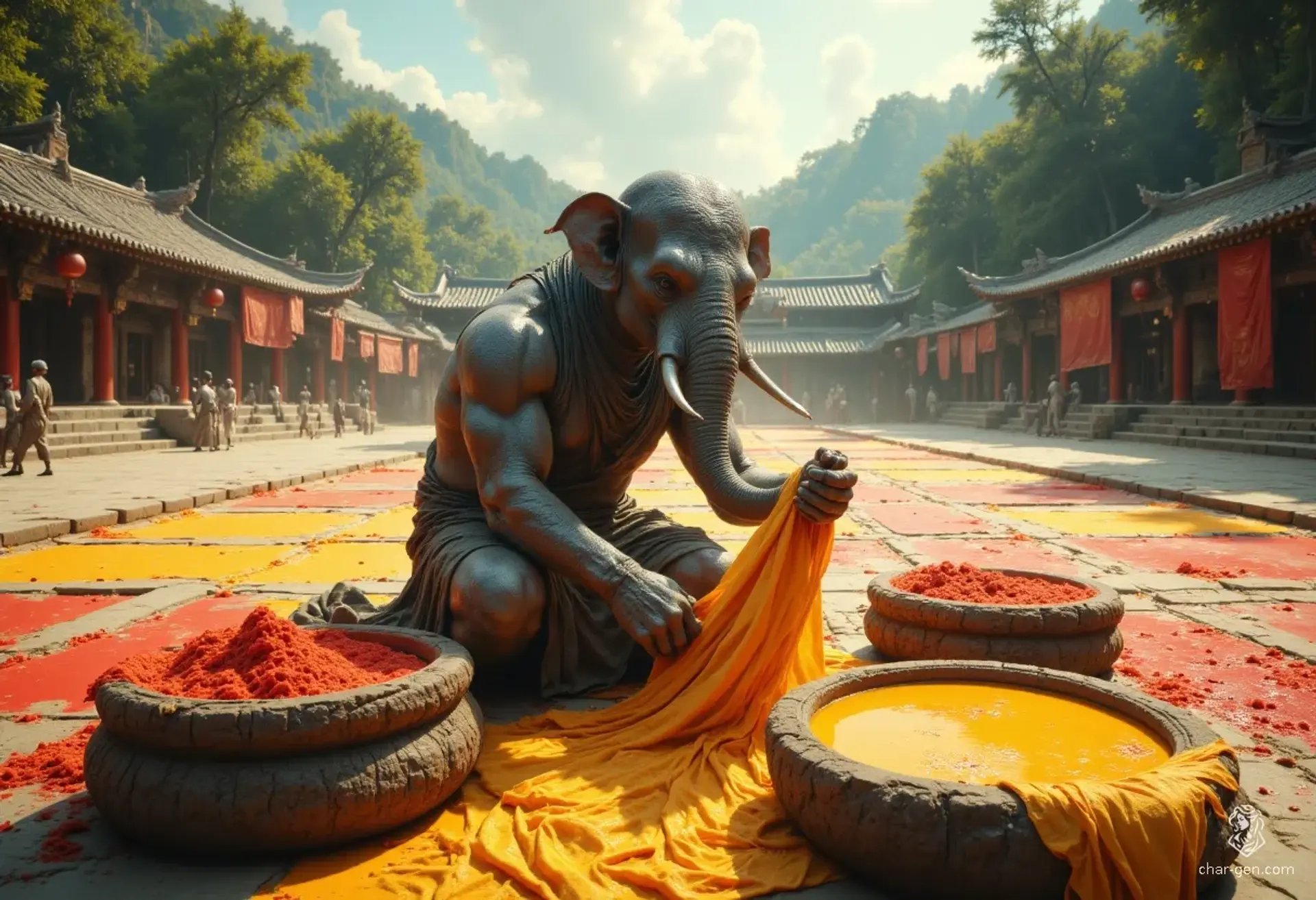 A calm young male loxodon monk stands in a lush tropical courtyard, skillfully dyeing vibrant fabrics by vats of orange, red, and yellow. His fluid posture and serene expression reflect both discipline and artistry amid the Shaolin-like temple’s immersive, sunlit environment.