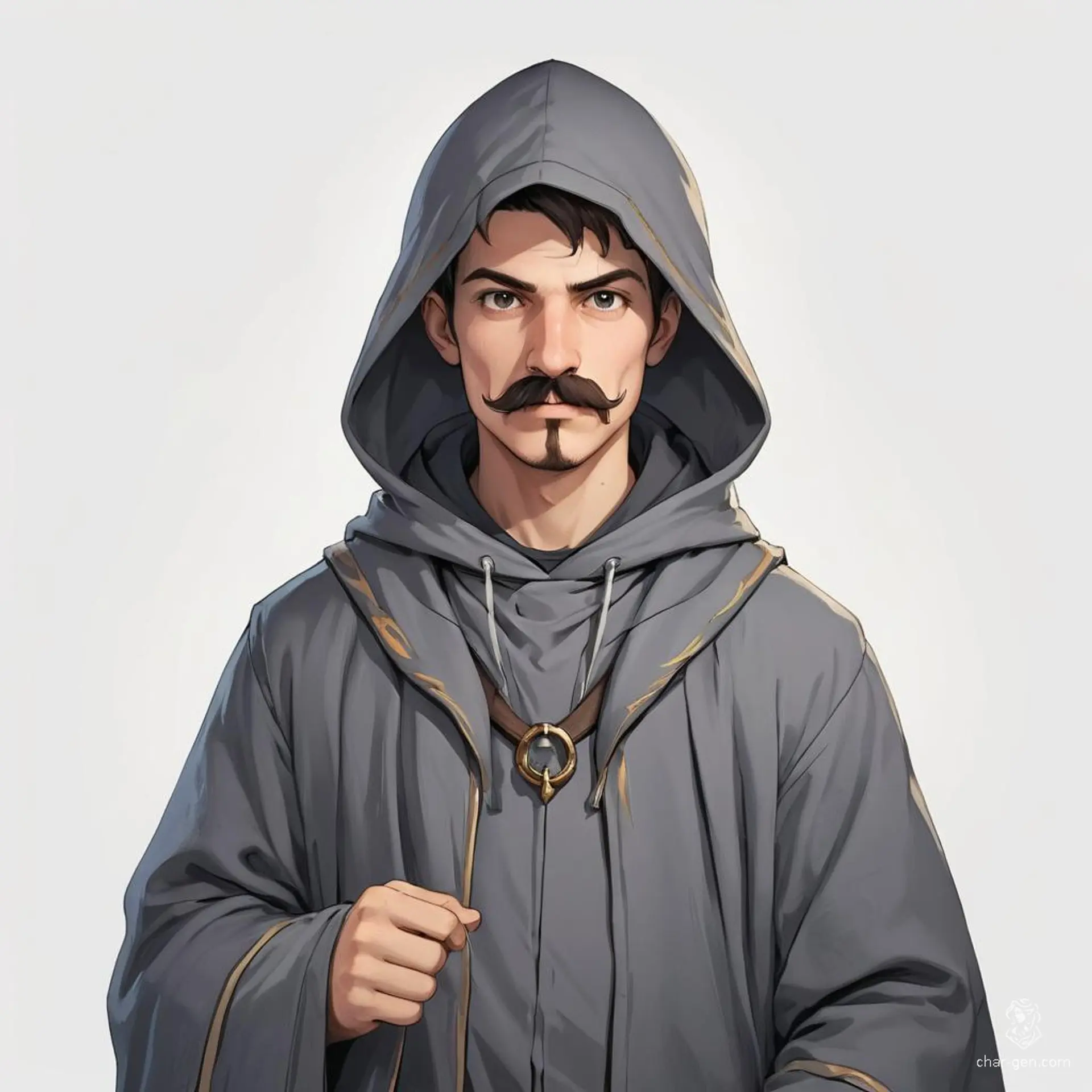 Meet Elric the Enigmatic, a young mage with a distinctive handlebar mustache that curls with mischief. Cloaked in flowing grey robes and a mysterious hoodie, he wields arcane spells with a playful charm, always ready to weave magic and humor into every adventure.