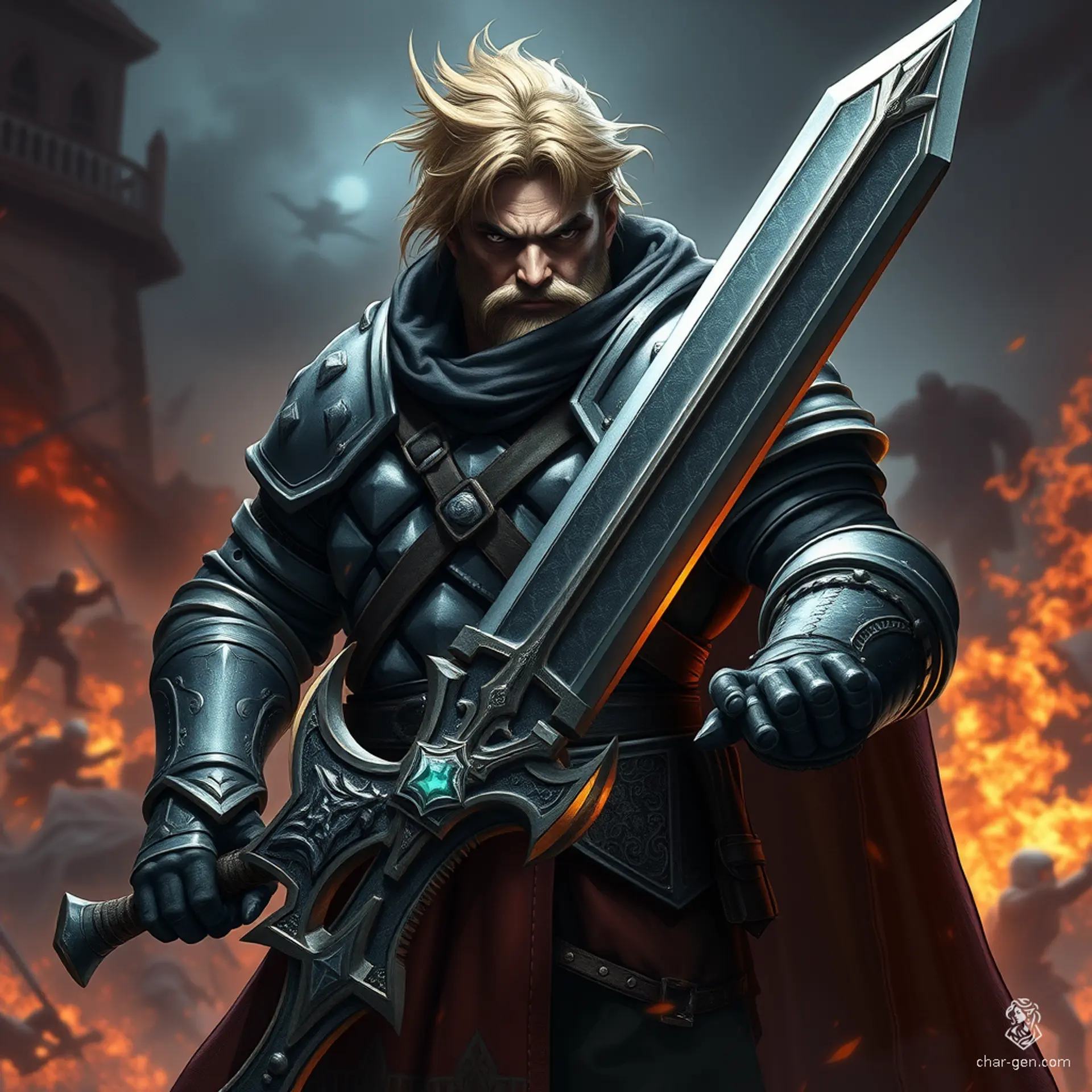 Sig Curtis stands as a formidable warrior at 2 meters tall, embodying resilience and determination. Clad in battle-worn half armor, he wields a magnificent, glowing great sword. With a shadowy aura enveloping him, he readies himself amidst the chaos of a fierce battle.