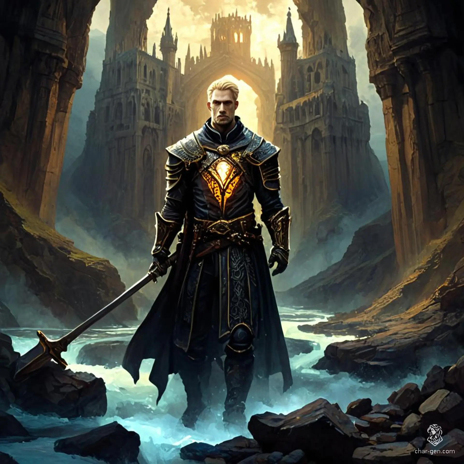 A young, light-skinned male artificer with blonde hair works joyfully in an armory, surrounded by suits of armor, hammers, and anvils. Wearing intricate goggles and managing advanced mechanical devices, he expertly crafts protective gear for warriors.