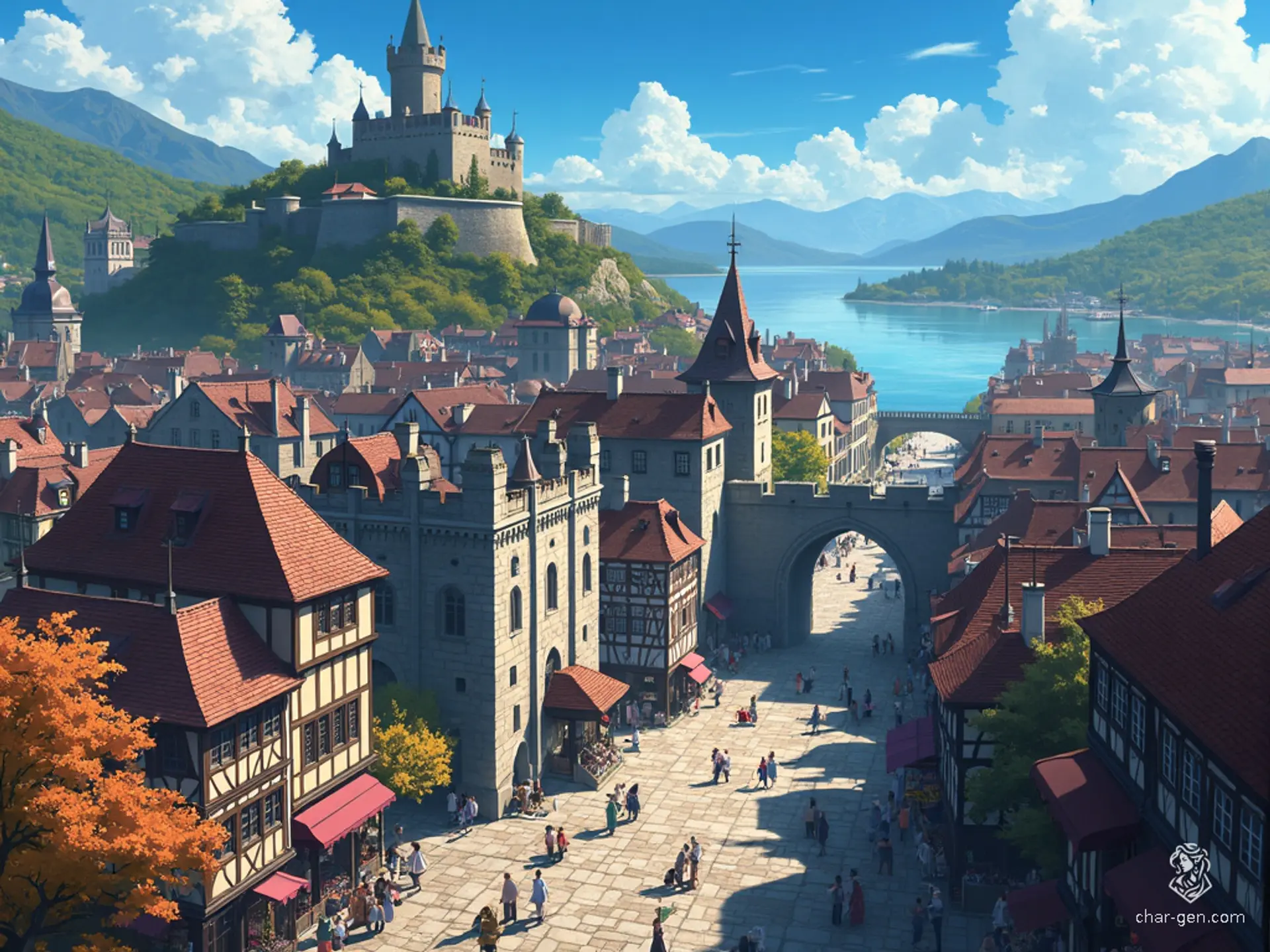 A sprawling medieval city, encircled by robust stone walls with five grand gates and numerous slender towers, rests on the banks of a bustling river. Cobblestone streets wind through well-kept, half-timbered buildings, leading to the lively Bell Market and the imposing Hall of the Elders. At its heart, Moongleam Tower stands as a sanctuary for wizards and adventurers.