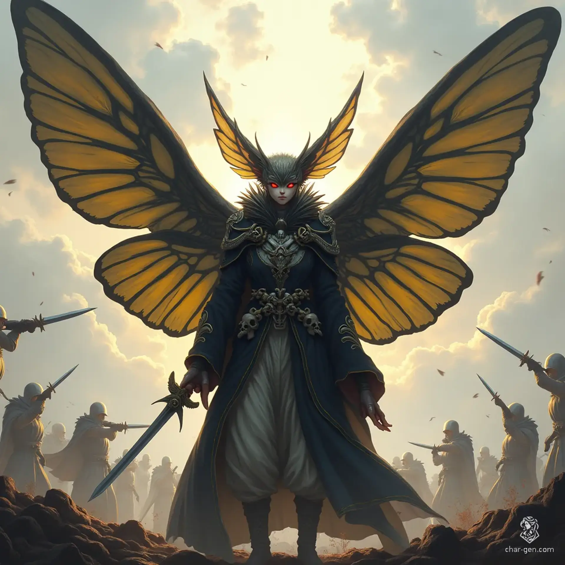 The Death’s Head Hawk Moth is a gentle, all-female creature resembling a winged human, adorned with velvety black and yellow wings and fuzzy grey skin. Found in ruined villages, these ethereal beings mourn the lost, exuding a melancholic beauty wrapped in skull-adorned robes.