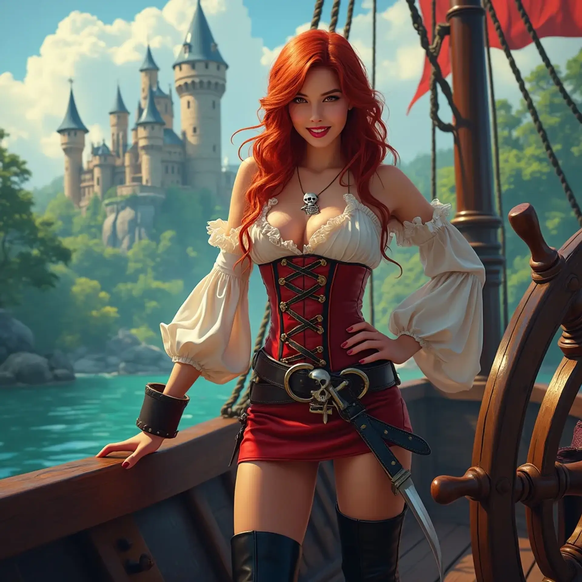 Captain Seraphina Flint is a striking pirate known for her fiery red hair and captivating presence. Dressed in a flowing white blouse and a vibrant red corset, she exudes confidence. With a joyful smile and a curved cutlass at her hip, she commands the deck, a true siren of the seas.