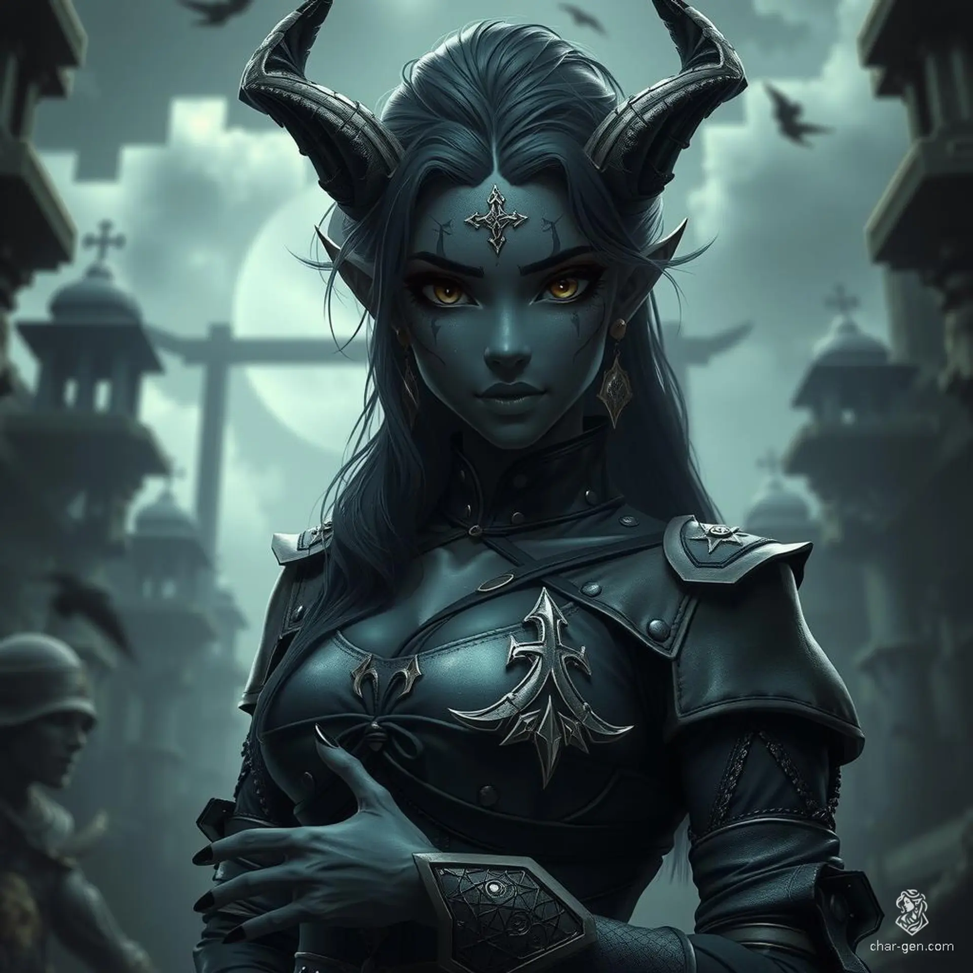 A black-skinned female dwarf sorcerer, adorned in enchanted garments with intricate arcane sigils. She exudes a palpable aura of magic, her contrasting dark skin emphasizing her mystical presence and formidable power.