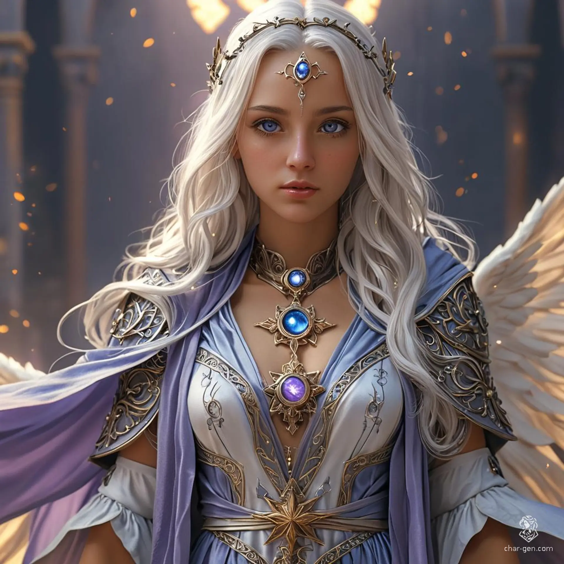A radiant female aasimar sorcerer with a subtle glow, violet eyes, and long silver hair. She wears flowing blue robes adorned with arcane sigils, her tan skin contrasting sharply as she emanates an aura of magic.