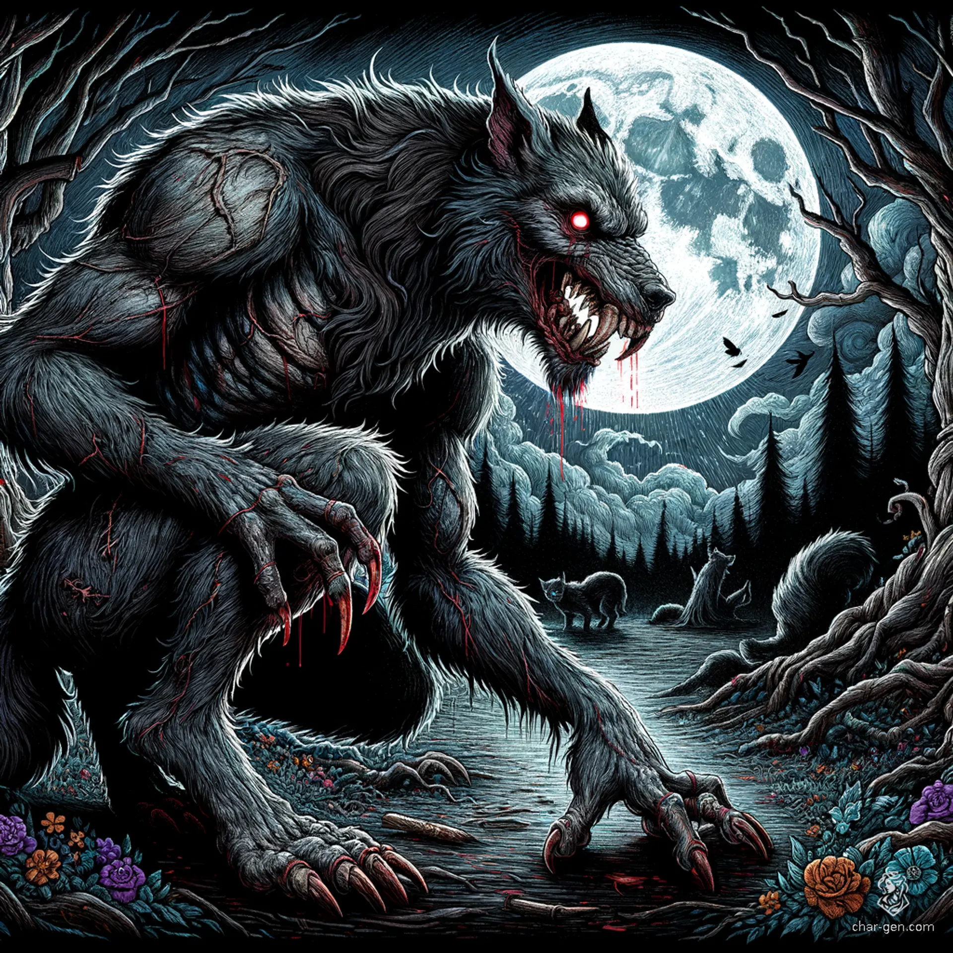 A grey-skinned werewolf with blood dripping from its claws crouches over a mangled corpse. Its red eyes gleam menacingly under the full moon at midnight, the eerie light accentuating its distinct grey skin. The scene is a harrowing clash of dark and blood.
