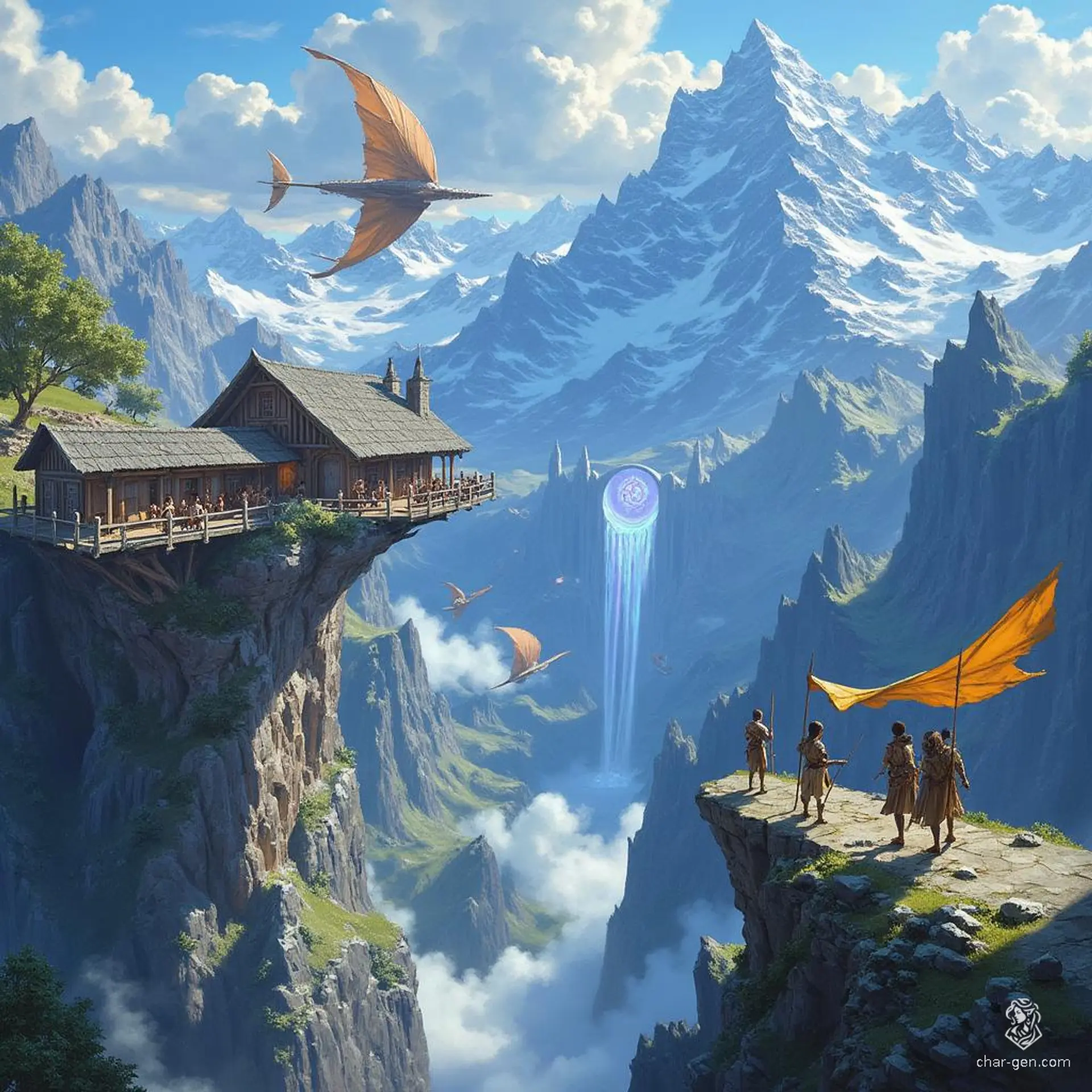 Nestled high among the Summit Peaks, Zephrah emerges from swirling clouds, a magnificent aerie of wood and stone. Cascading waterfalls tumble from rocky ledges, while vibrant wildflowers cling to steep cliffs. Ethereal winds whisper through the air, carrying the essence of elemental magic above the breathtaking landscape.