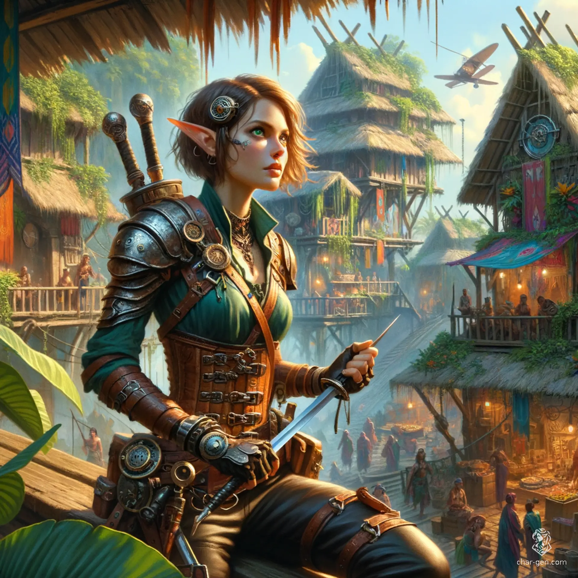 Odette Greyhound is a nimble and extraordinarily intelligent half-elf Artificer and Rogue. With an inquisitive, intelligent look on her round face and short light brown hair, she stealths deftly across rooftops. Draped in intricately detailed leather armor, she wields a rapier confidently and carries mechanical devices.
