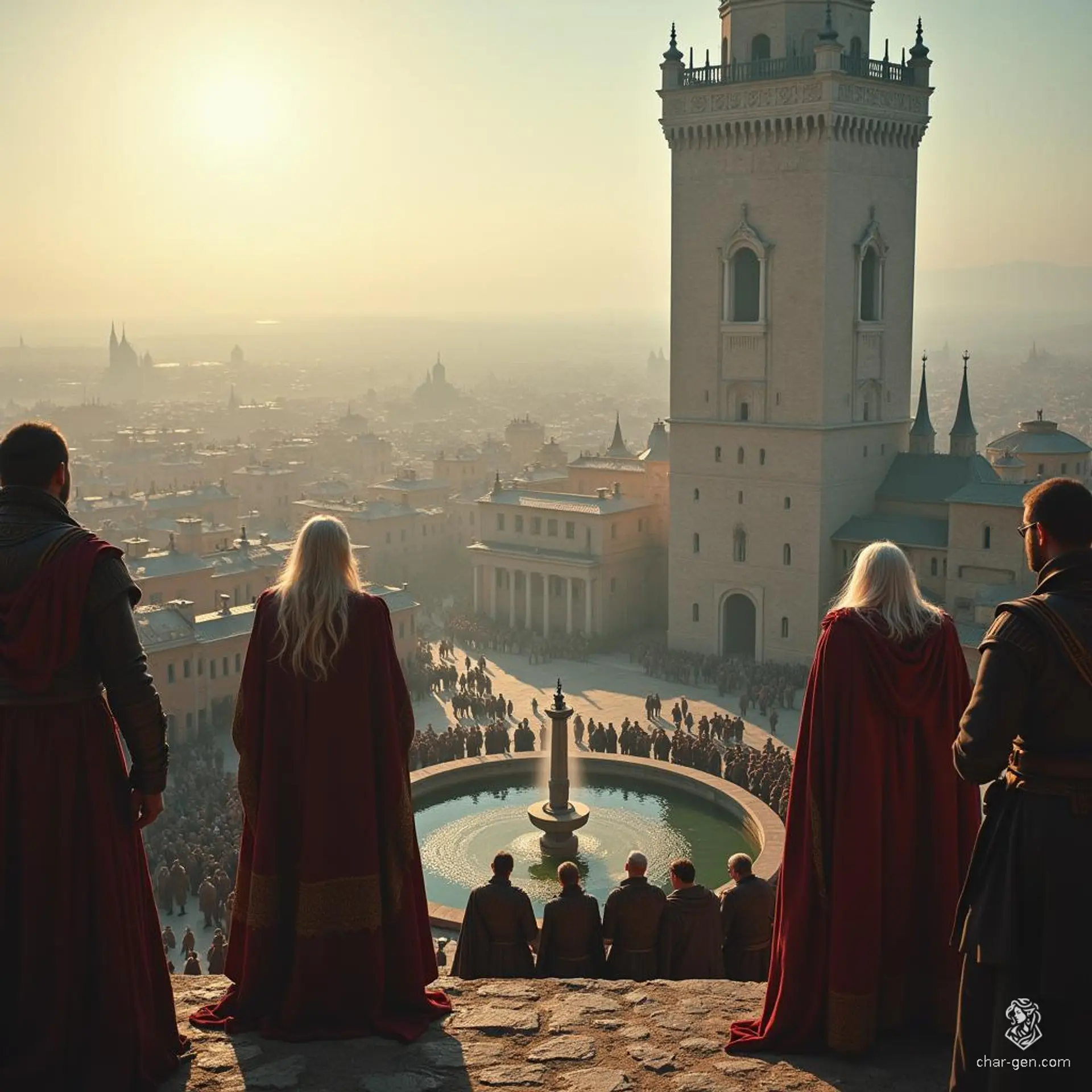 Amidst a sprawling city, a gathering of Gallic-dressed figures silently honors their past. At the forefront, a long-haired veteran's haunting lament drifts through the winter sun, captivating noble warriors perched by an ornate fountain, echoing tales of valor and loss in a moment of solemn reflection.