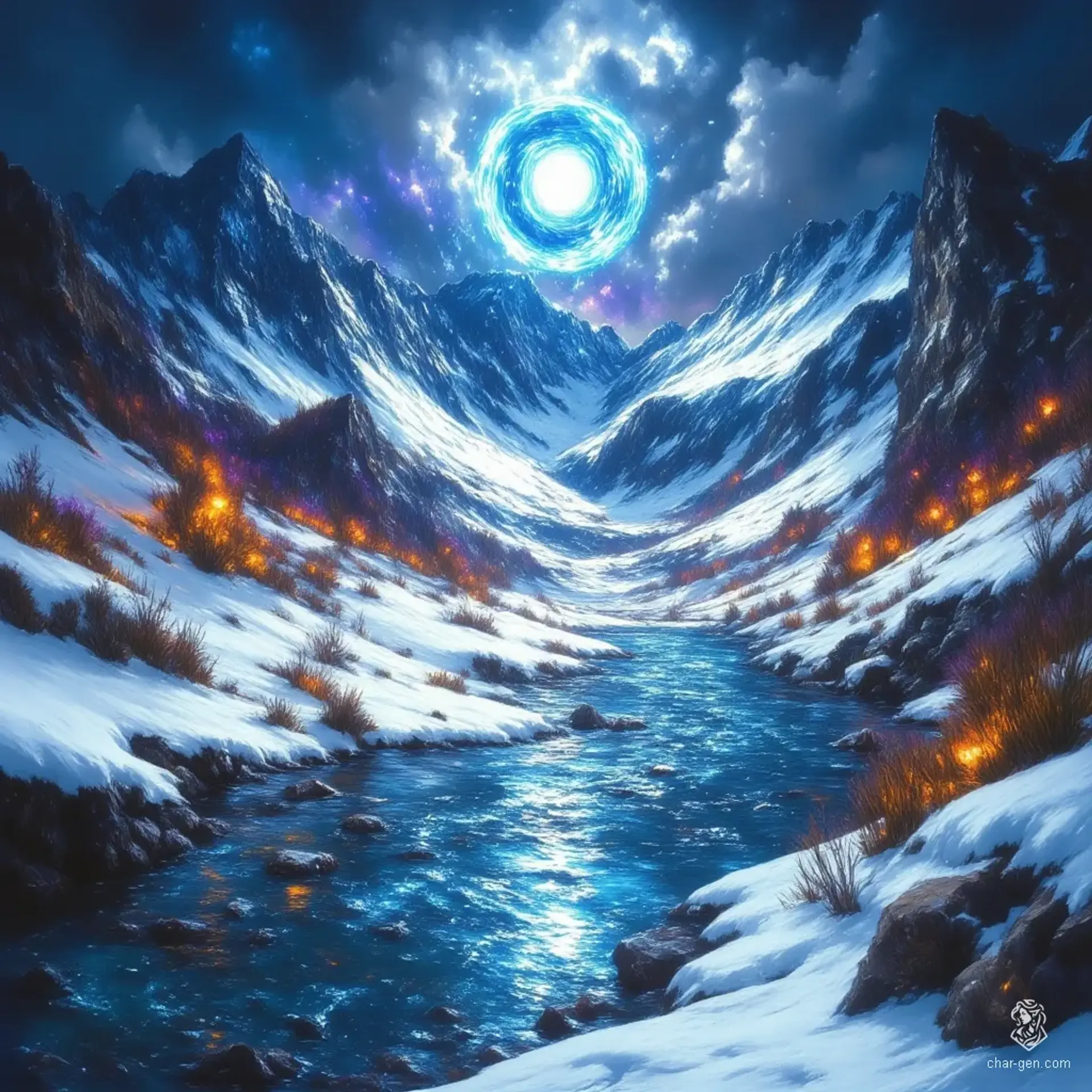 In a captivating winter landscape, towering snow-covered mountains rise beneath a tempestuous sky, swirling with deep blues and purples. A partially frozen river glimmers in muted hues, framed by snowy banks that flicker with vibrant hints of orange and red, creating a stark yet breathtaking contrast.