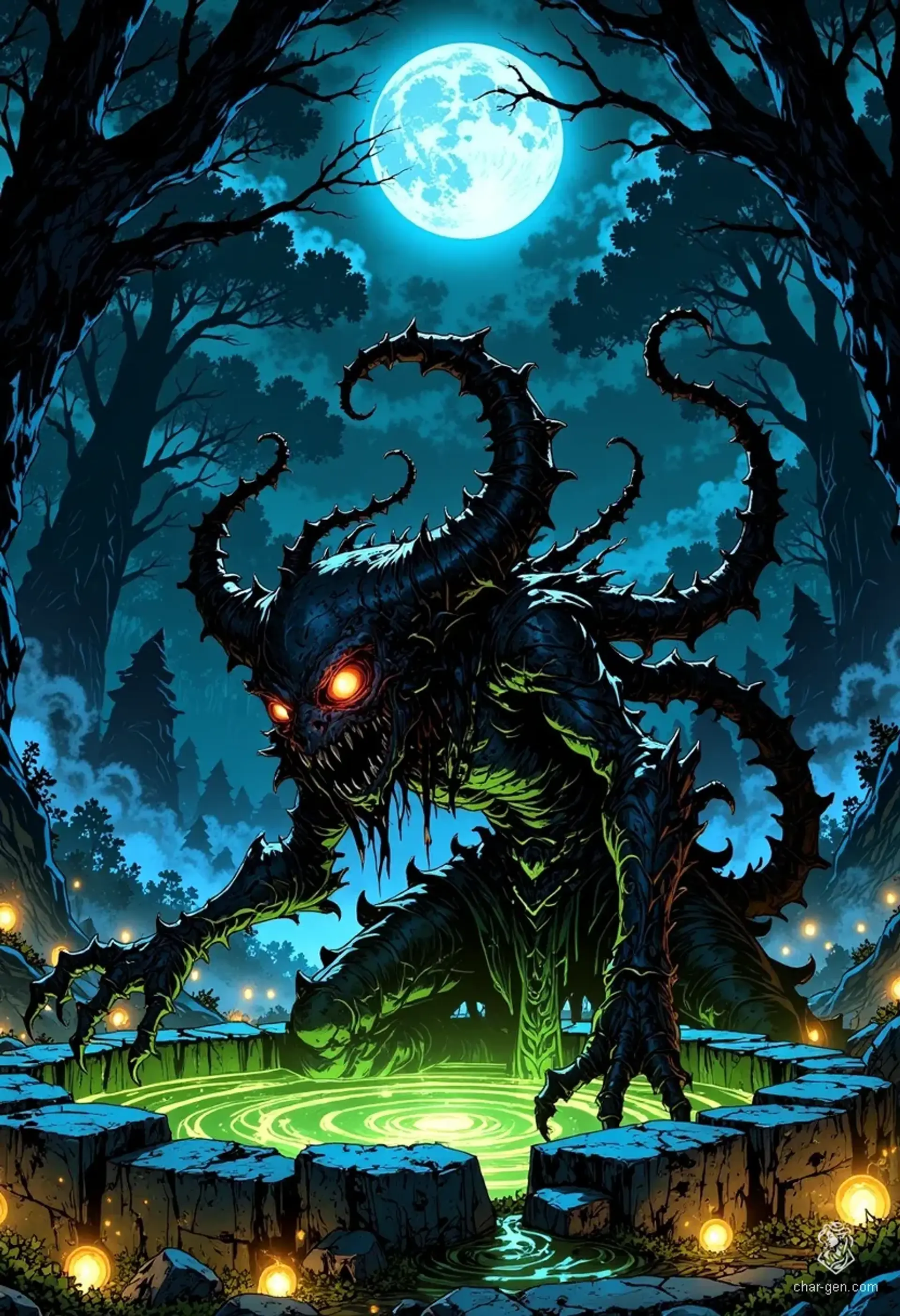 Lurking near a sacred spring under a crescent moon, a chilling shadow monster exudes a malevolent aura. Its amorphous form, a swirling mass of inky darkness with glowing crimson eyes, contrasts sharply with the shimmering waters and delicate flowers. This incorporeal entity drains vitality, shrouding the serene sanctity in foreboding terror.